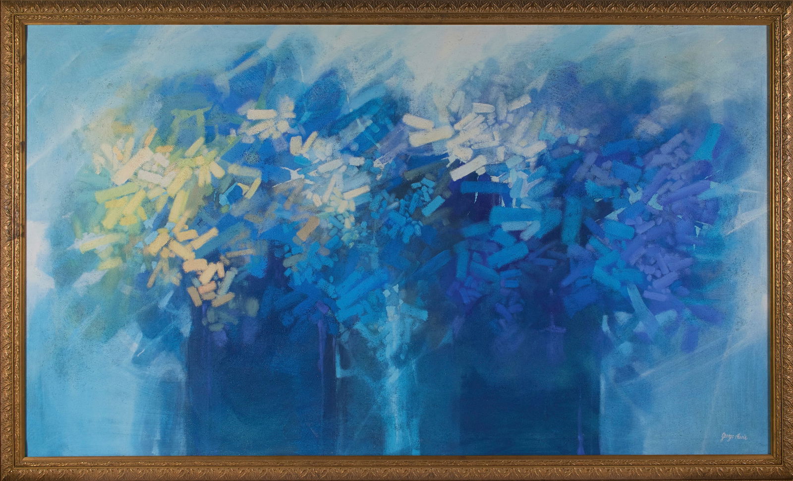 George Lewis (American, b. 1952): "Imageries." Acrylic on canvas. Signed on bottom right. Signed and described on veros. 38 x 66"; 42 x 70" (overall). Framed. Provenance: property of a Rhode Island collector. Shipping: At checkout, yo