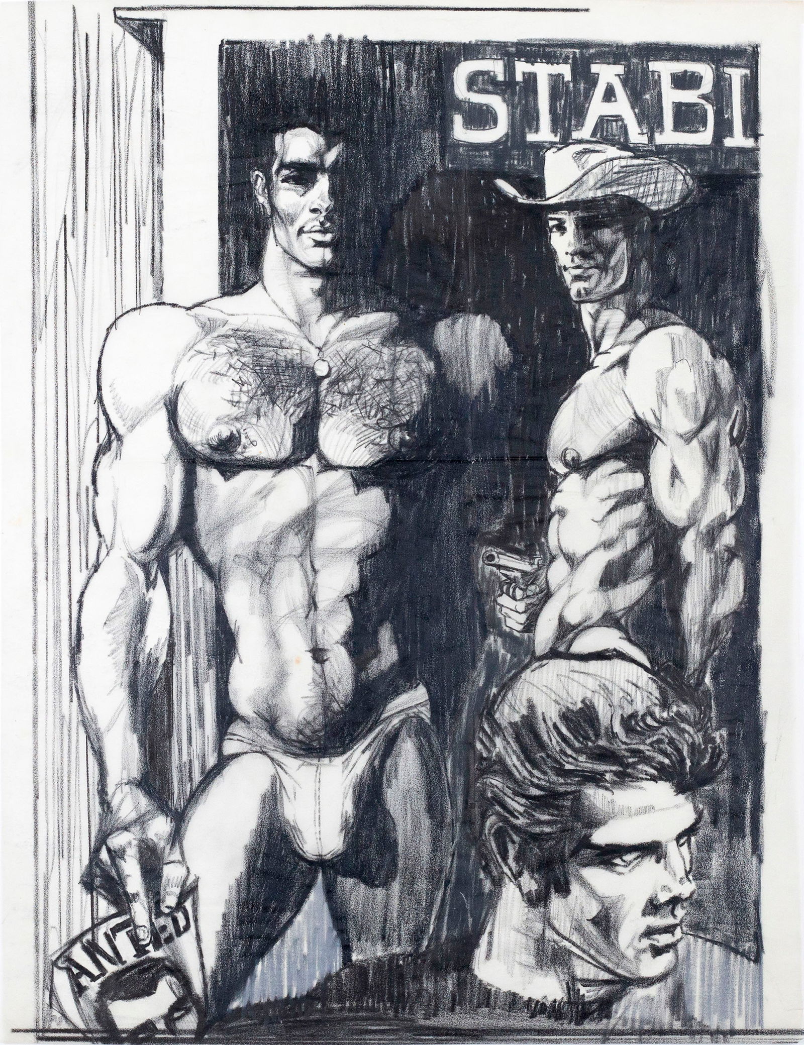 Steve Masters (Mike Miksche) (American, 1925–1964): 'Wanted!' Charcoal on trace vellum. The figure to the left appeared in illustrations Steve Masters did for Physique Pictorial Magazine (Bob Mizer, editor), and in all likelihood the scene appeared in
