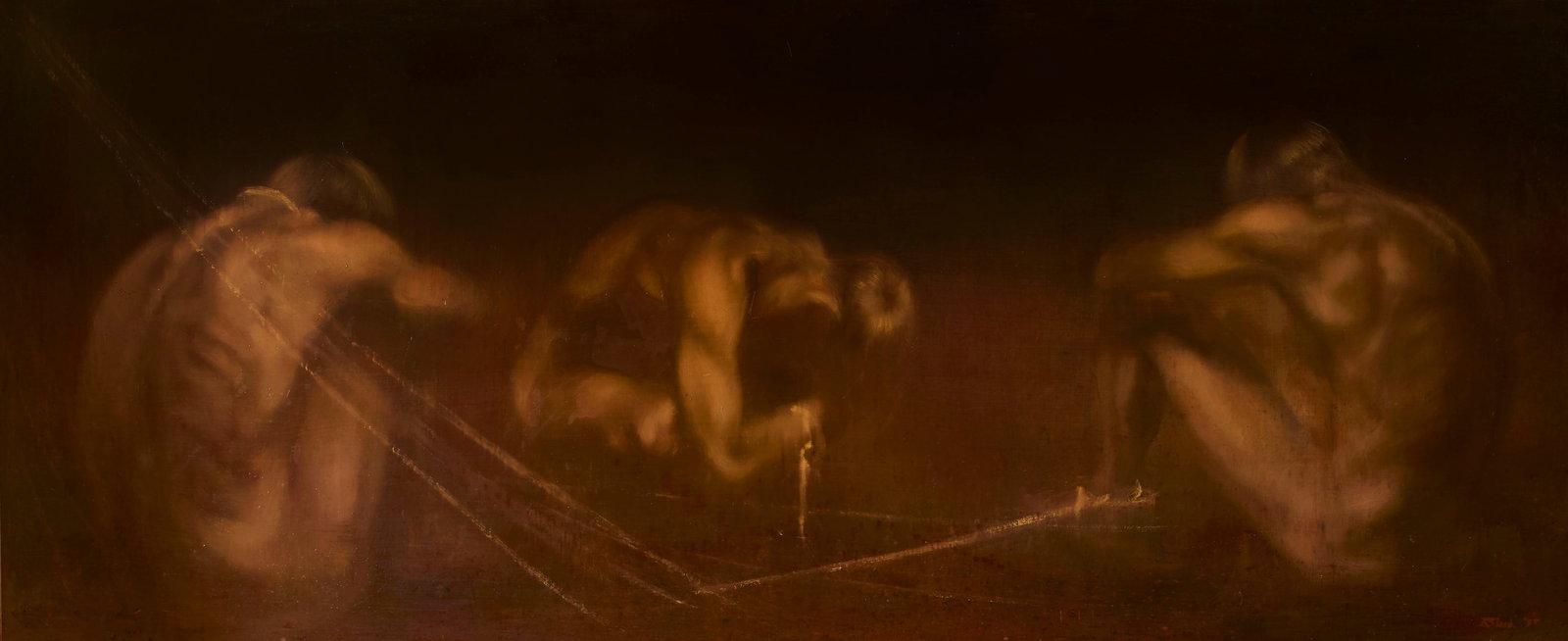 Robert Bliss (American, 1925–1981): Three Men in Bondage. 1957. Oil on Masonite. Artist signature and date on the bottom right, "R. Bliss '57. "Framed. 25 1/2 x 61 1/2" (Painting.) 28 1/2 x 64 1/2" (overall.) A rare, daring,