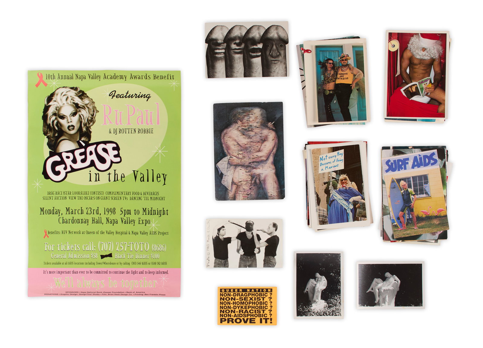 Queer Poster & Postcard collection (20th Century): Featuring a RuPaul "Grease in the valley" show poster alongside seventy (70) queer themed post/rack cards. Provenance: Sold for the benefit of the San Francisco LGBT Community Center.