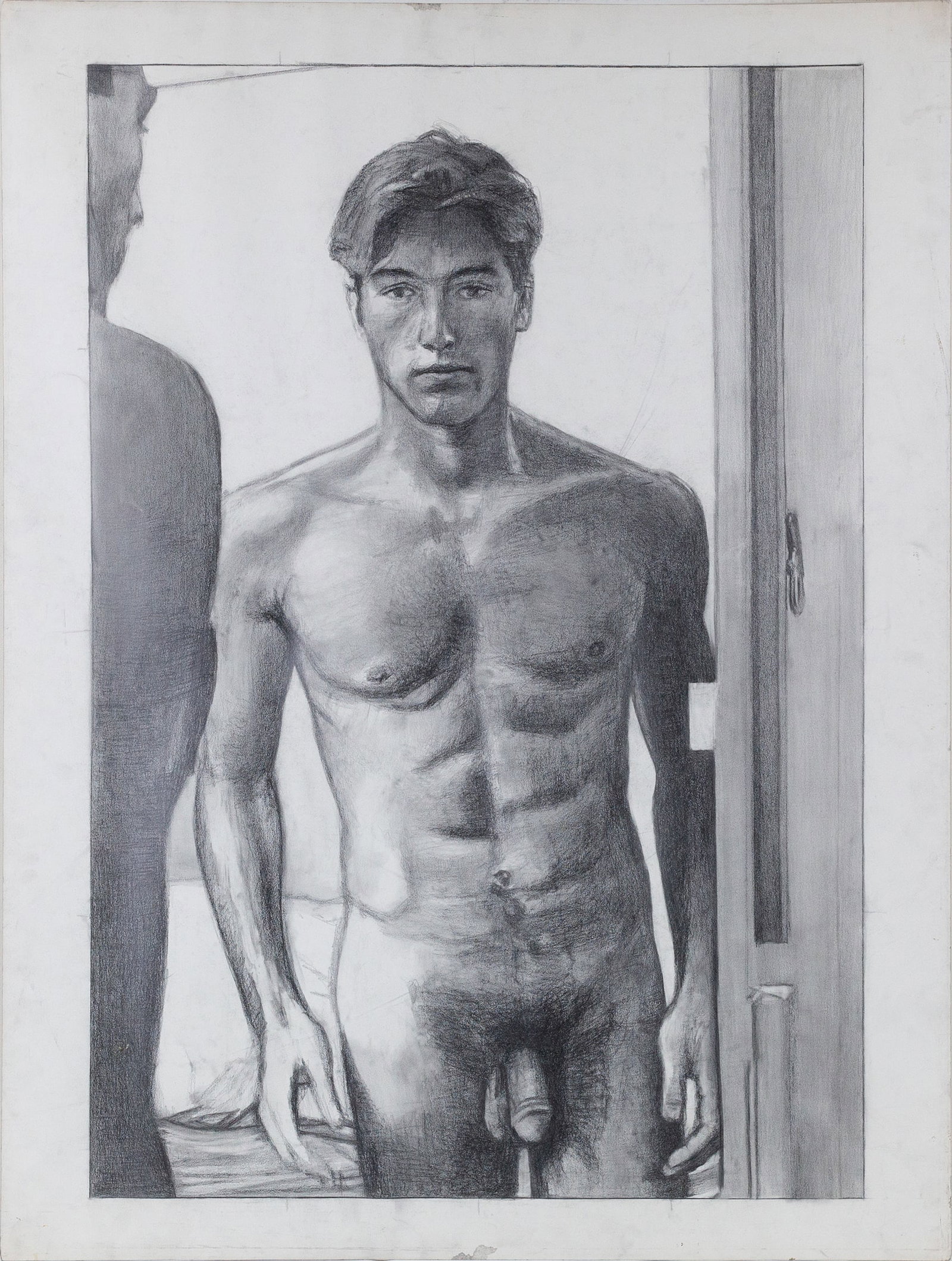 Stephen Hale (American, 1961–2008): 3/4 Nude with Intense Gaze.' Charcoal on paper. 40 x 30" Throughout the 1980s, Hale was living and working out of his studio in the East Village, NYC, and this work would appear to be from that period