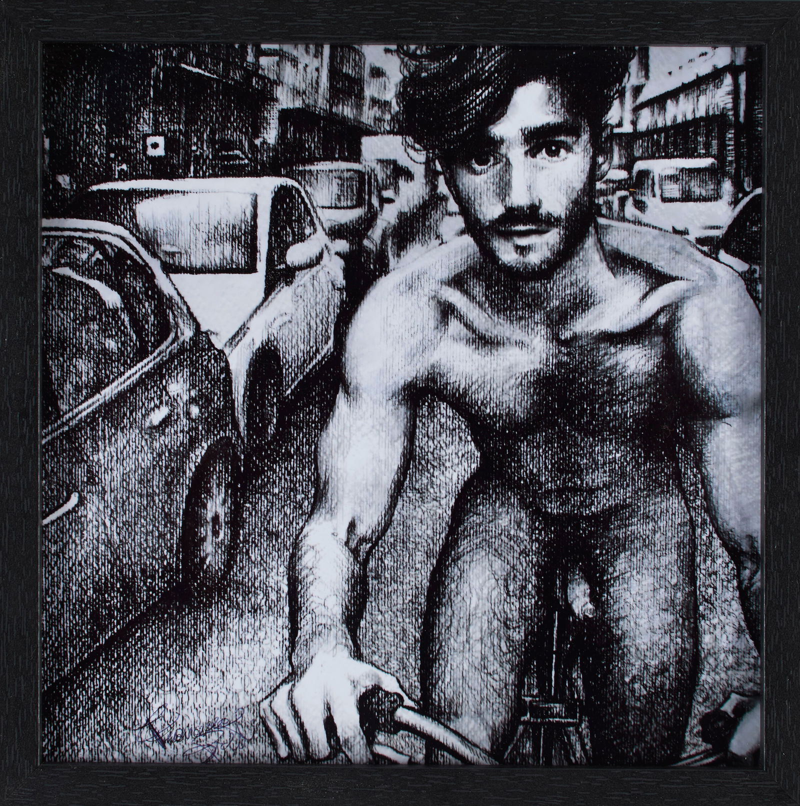 Francesco Brunetti (Italian/British Contemporary): "Bike Drawing." Print of a pencil drawing. Framed. 8 x 8" (sight); 8 1/2 x 8 1/2" (overall). Provenance: Sold for the benefit of the San Francisco LGBT Community Center.