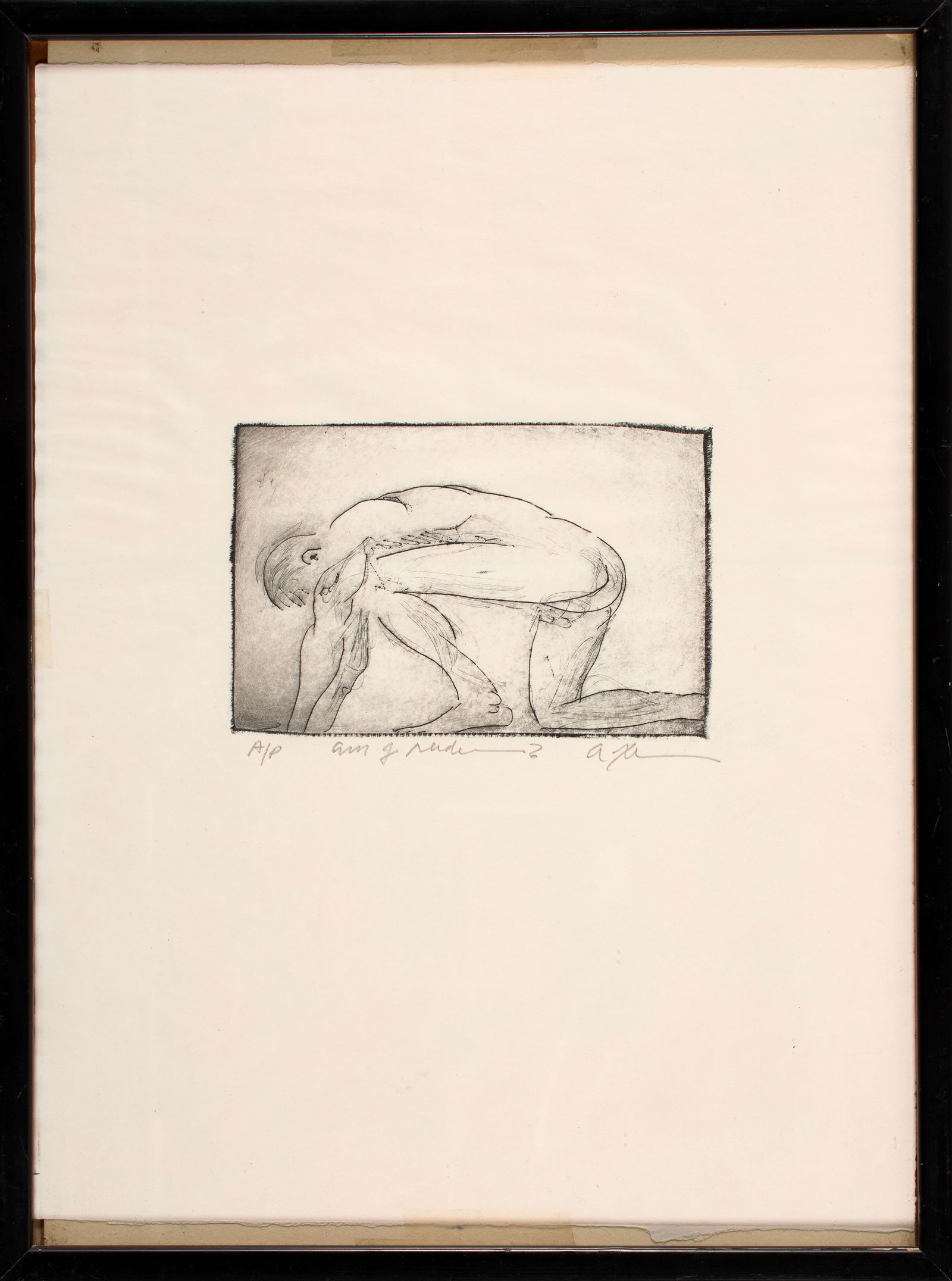 Andrew Xenious (American, b. 1964): "Am I Nude?". Etching. Marked "A/P" (Artist's Proof). Signed and described at the bottom. 14 1/2 x 11"; 16 x 12" (overall). Framed. Provenance: property of a private New Hampshire collection.