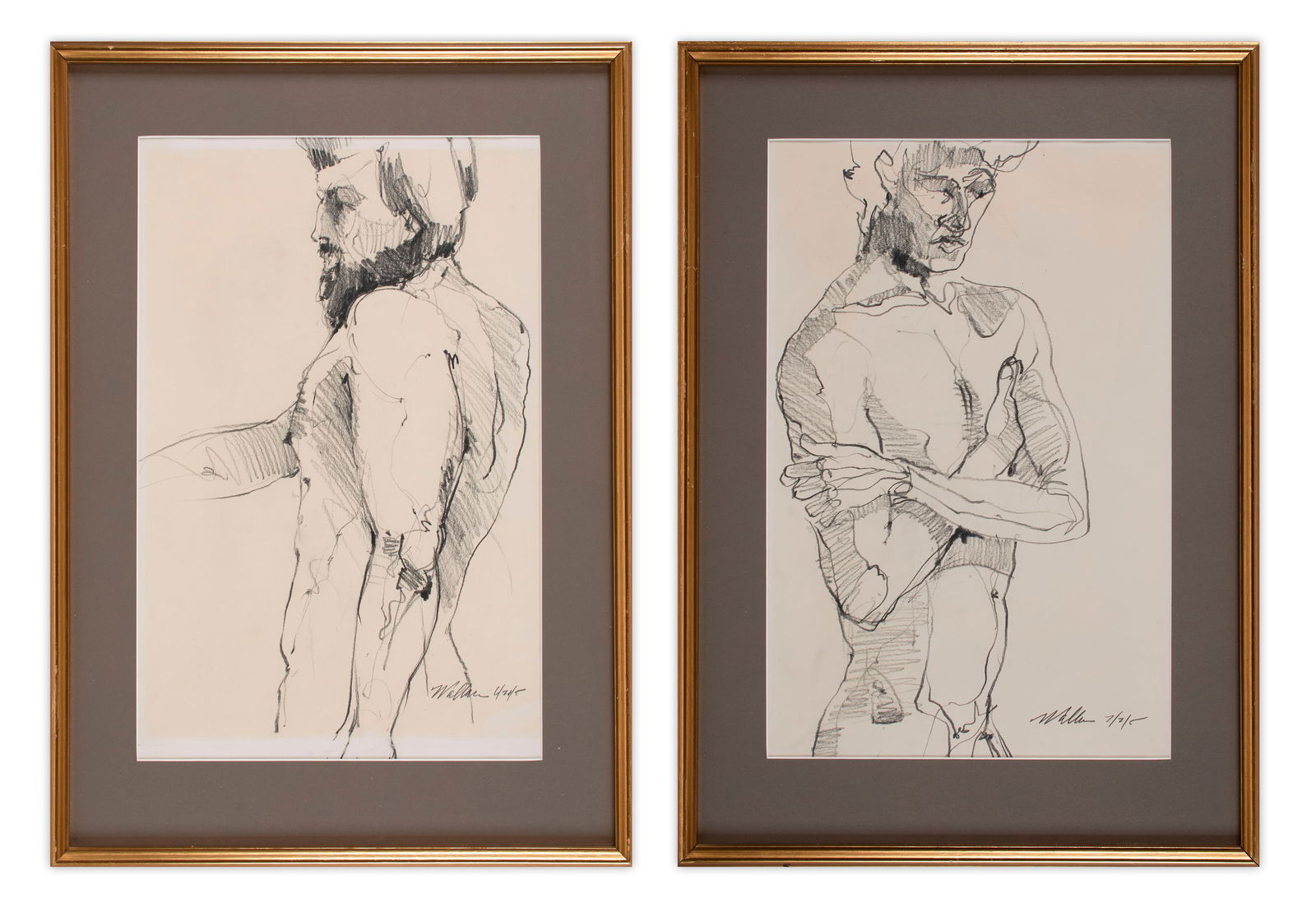 American School (20th Century): Two (2) male nude figure studies. 2005. Graphite and charcoal on paper. Signed bottom right, signature illegible. Each 17 x 11 (sight); 22 1/2 x 16" (overall). Provenance: a private New Hampshire coll