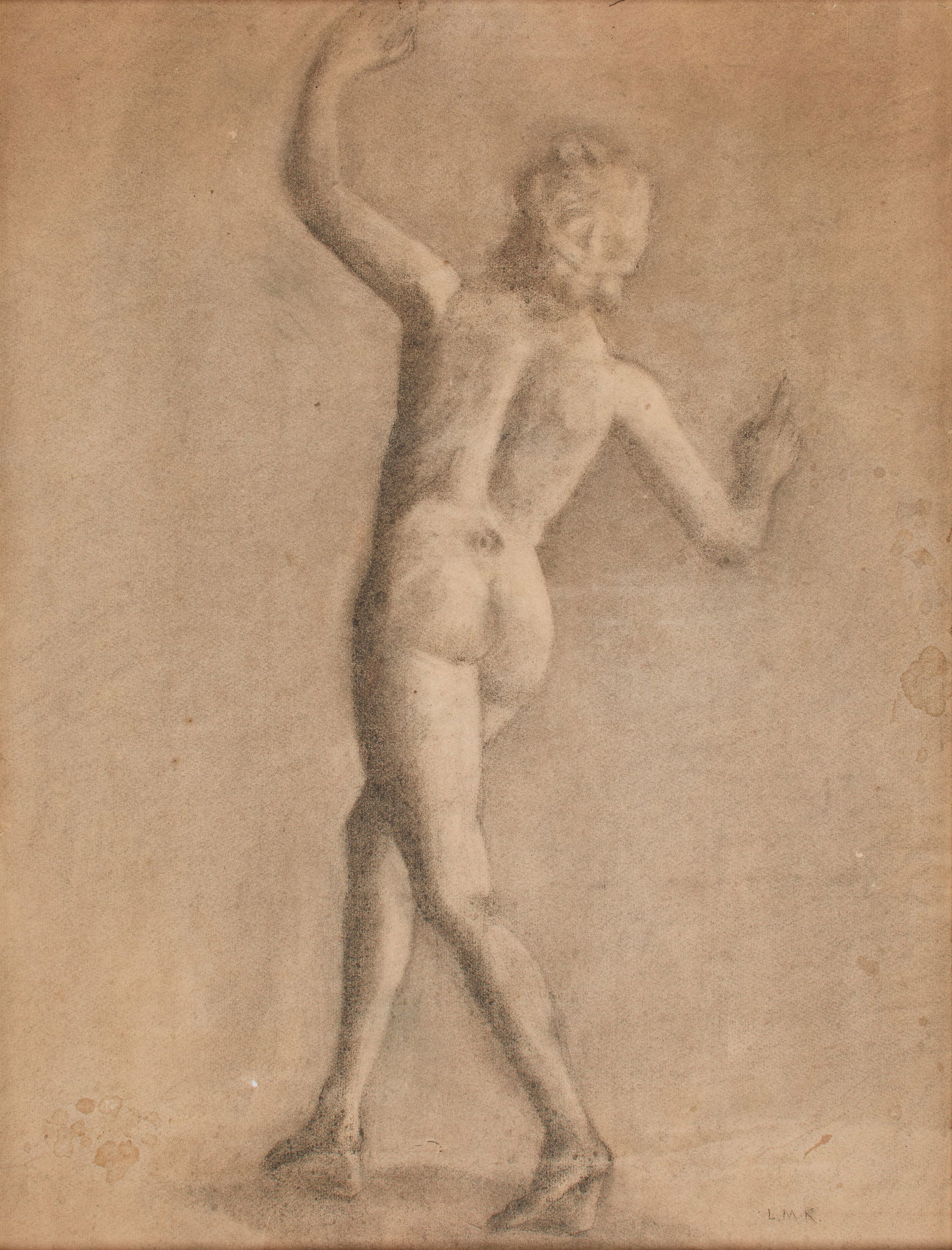 American School (20th Century): Male nude from the back. Graphite on paper. Framed. 23 1/2 x 17 1/2" (sight); 26 x 20 x 1" (overall). Provenance: property of a private New Hampshire collection.