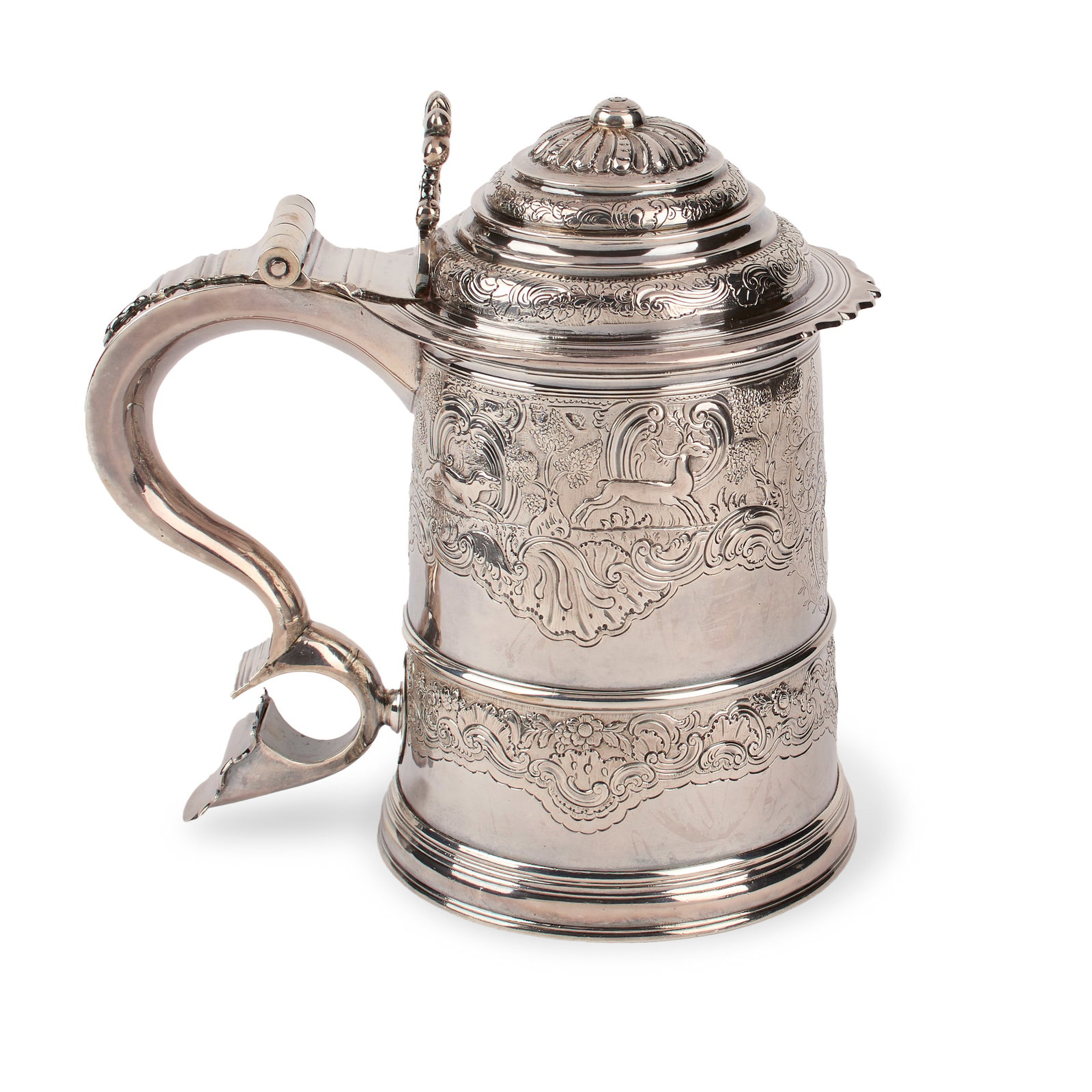 George I Irish Sterling Silver Tankard (1715): An extraordinarily fine and rare 1715, Dublin, Irish silver tankard from a very noted Newport, RI family collection and not previously offered for sale in over a hundred years. Marked with the maker's