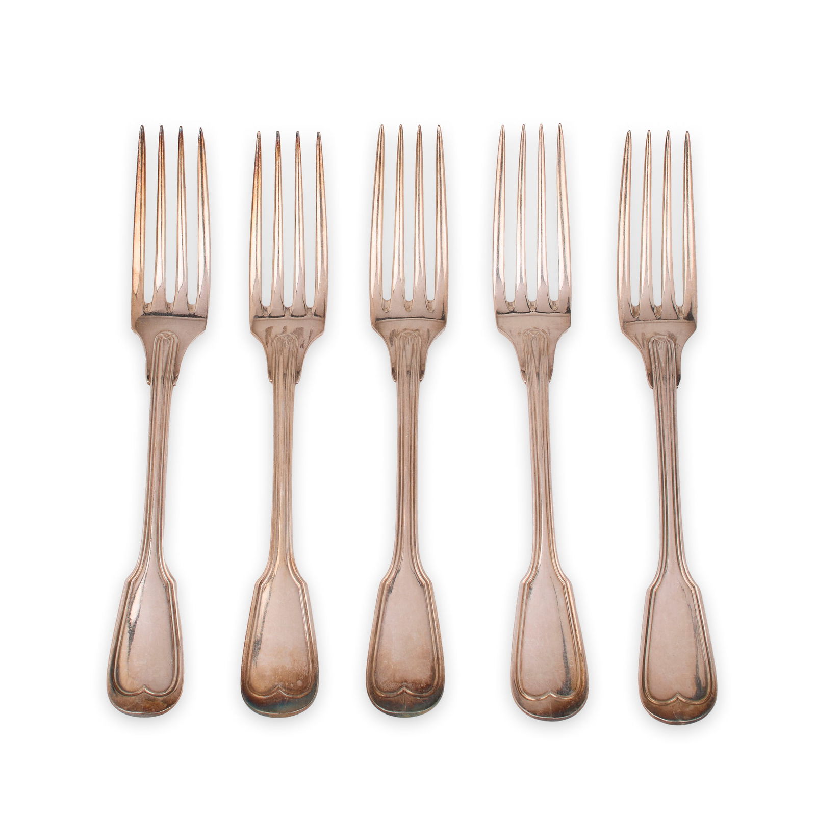 Cristofle Chinon Pattern Forks (1884): A set of (5) Christofle silver-plated forks. Bearing the appropriate hallmarks, utilizing 82 grams of sterling, with a date mark of 1884. Provenance: property of a Newport, Rhode Island family and by