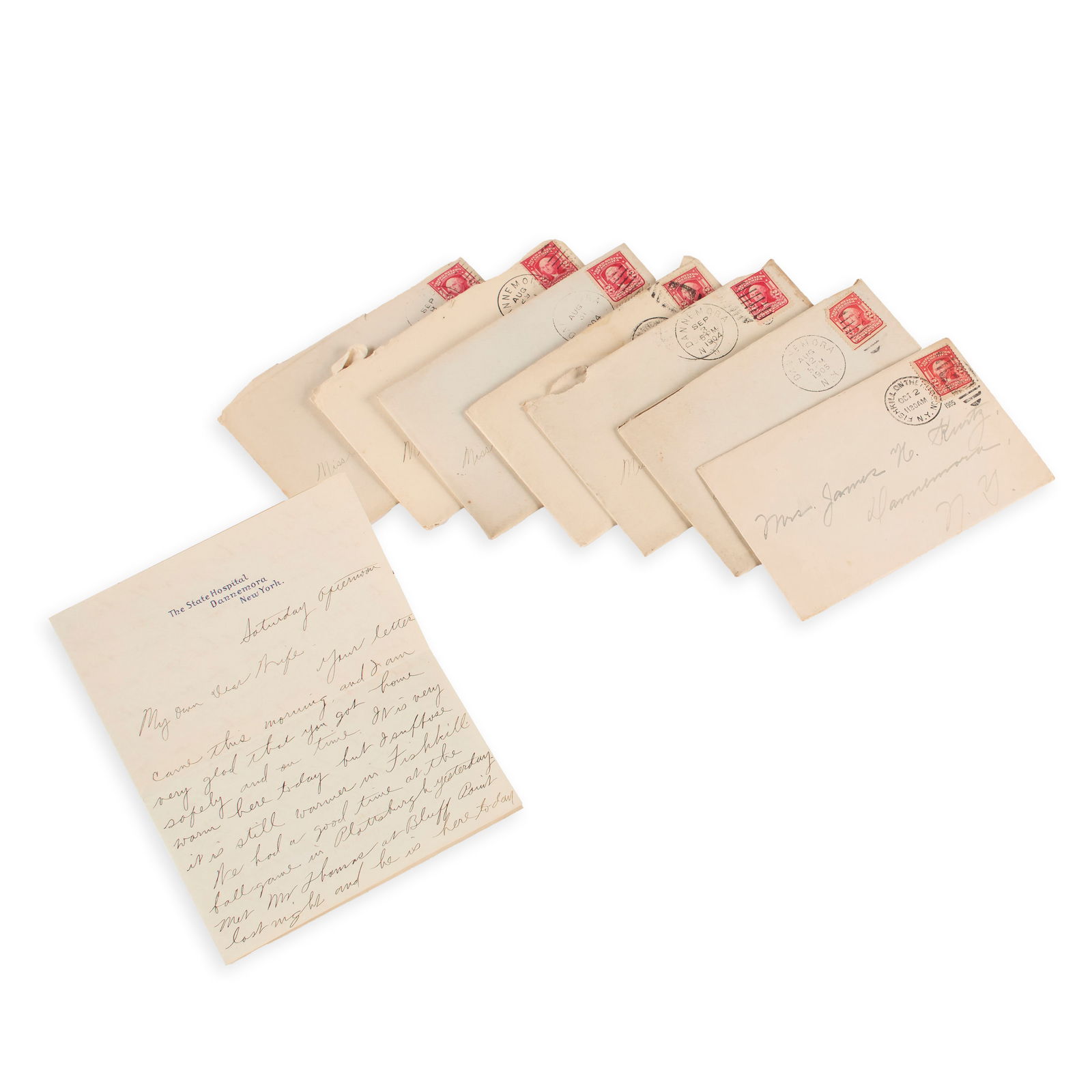 Dannemora Insane Asylum Correspondence: 1904-1905. A collection of seven (7) letters of correspondence between the steward of the Dannemora Hospital for the Criminally Insane, James H. Kurtz, and his wife, Kathryn, detailing various