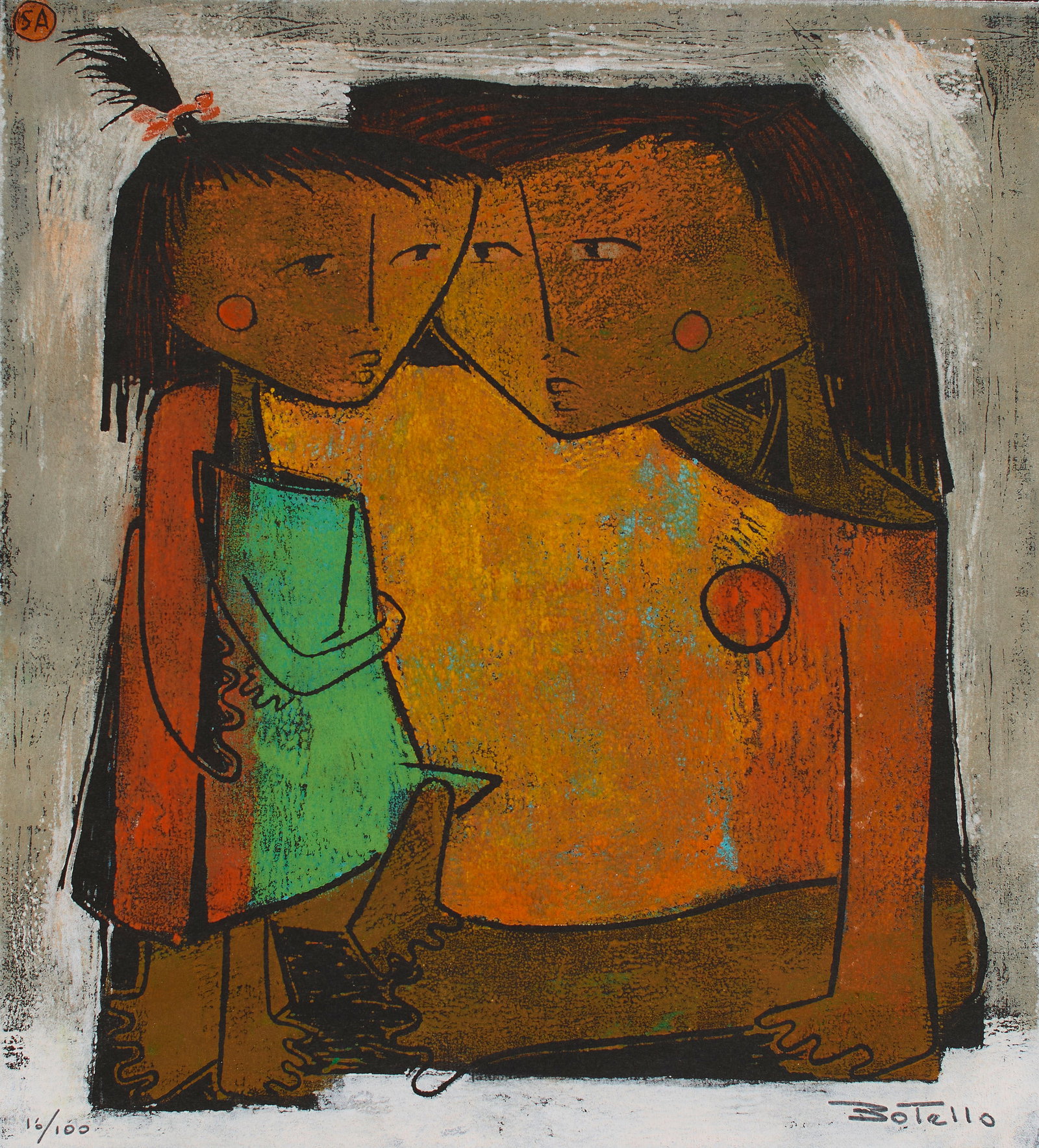 Angel Botello (Puerto Rico,1913-1986): Linocut on black paper. Editioned lower left, signed lower right, edition 16/100. 21 x 19". Provenance: property of a Rhode Island collection.