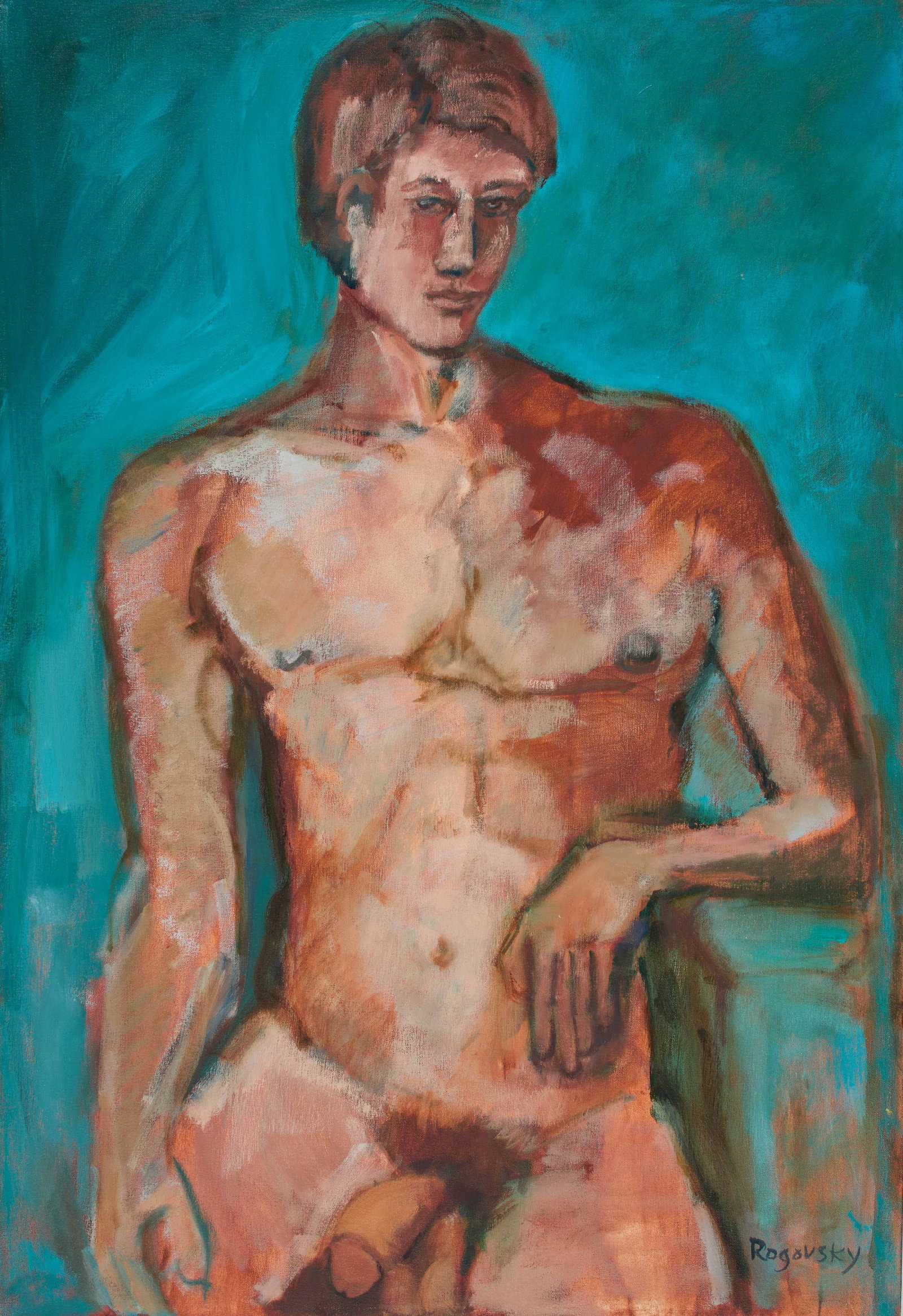 Michael Rogovsky (American, b. 1949): "Sitting Youth." 1993. Oil on canvas. Signed on the bottom right and dated on the verso. 41 1/2 x 28 1/2". Provenance: Acquired from the artist.