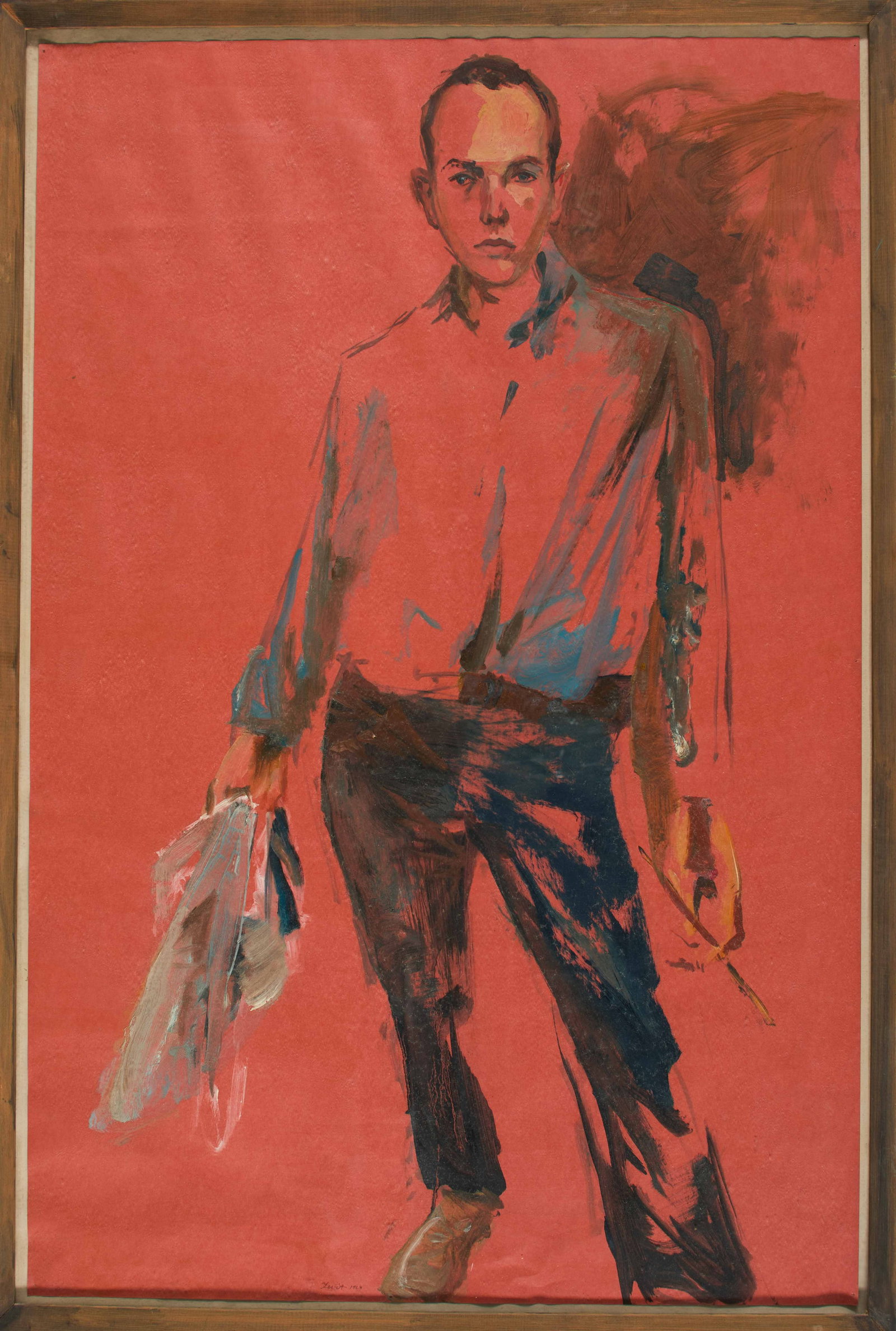 William Levitt Jr. (American, 1941-2015): "Untitled Self-portrait." 1963. Acrylic on paper. Signed and dated on the bottom middle (near the foot). Framed. 37 x 25" (overall). Provenance: Property of a Massachusetts institution.