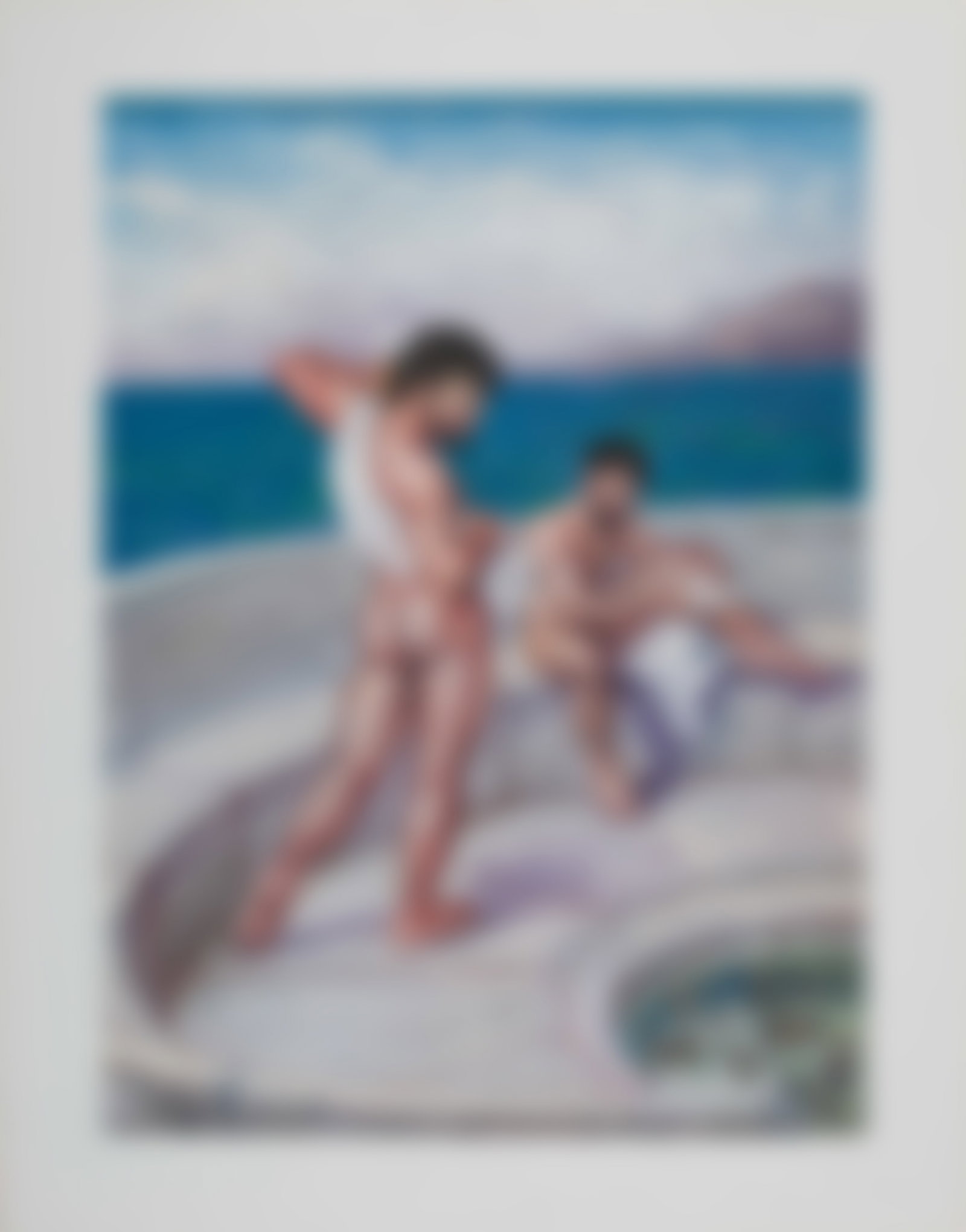 Marc DeBauch (American, b. 1956): "Mediterranean Men." 2021. Gouache on paper. A scene of two Mediterranean men drying themselves off after time by the sea. The painting references the Victorian academic painting, "Silv