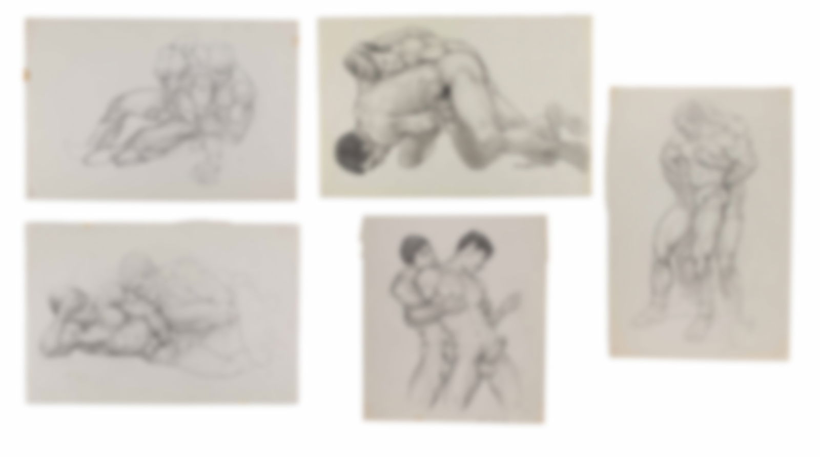 MATT (Charles Edward Kerbs) (American, 1940-2002): A collection of five (5) erotic works depicting wrestlers. Graphite on paper. All signed on the lower right. Various sizes, largest: 18 x 12". Provenance: Property of an international institution