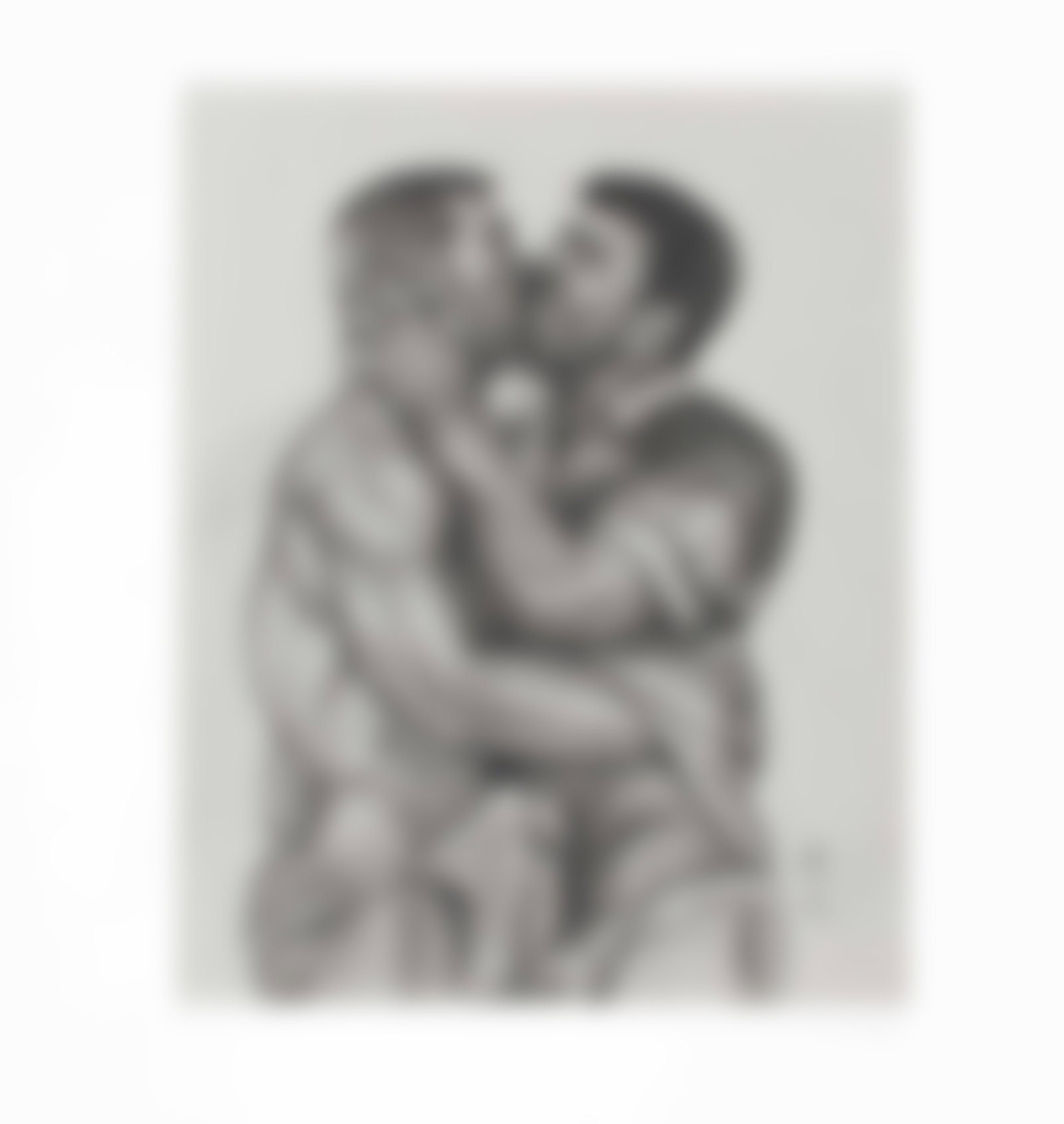 RYUJI (Japanese, act. 1995-2016): "Heated Kiss." 1999. Graphite on paper. Signed on the lower right. 18 1/4 x 14 1/2". Provenance: Property of a private California collection.