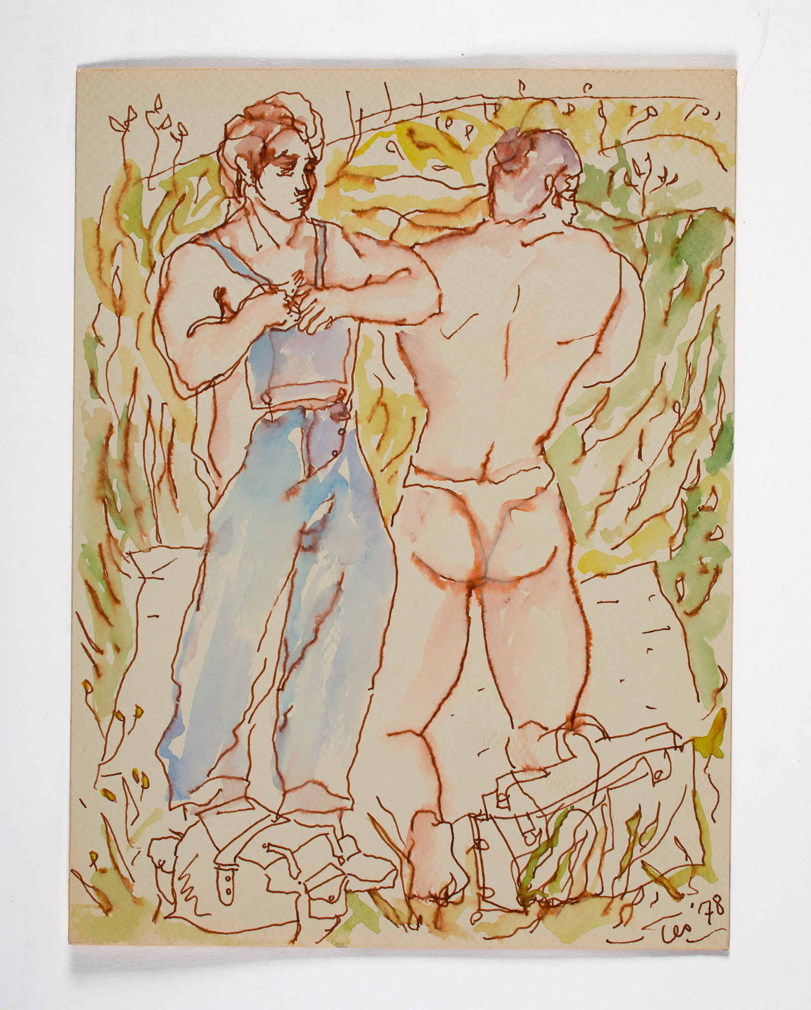 Leo (Leo Hansberry) (American, 1939-2020): "Untitled (Undressing in the Countryside)." 1978. Watercolor on paper. Signed and dated "Leo '78" on the bottom right. 9 x 12". Provenance: Property of an American Mu