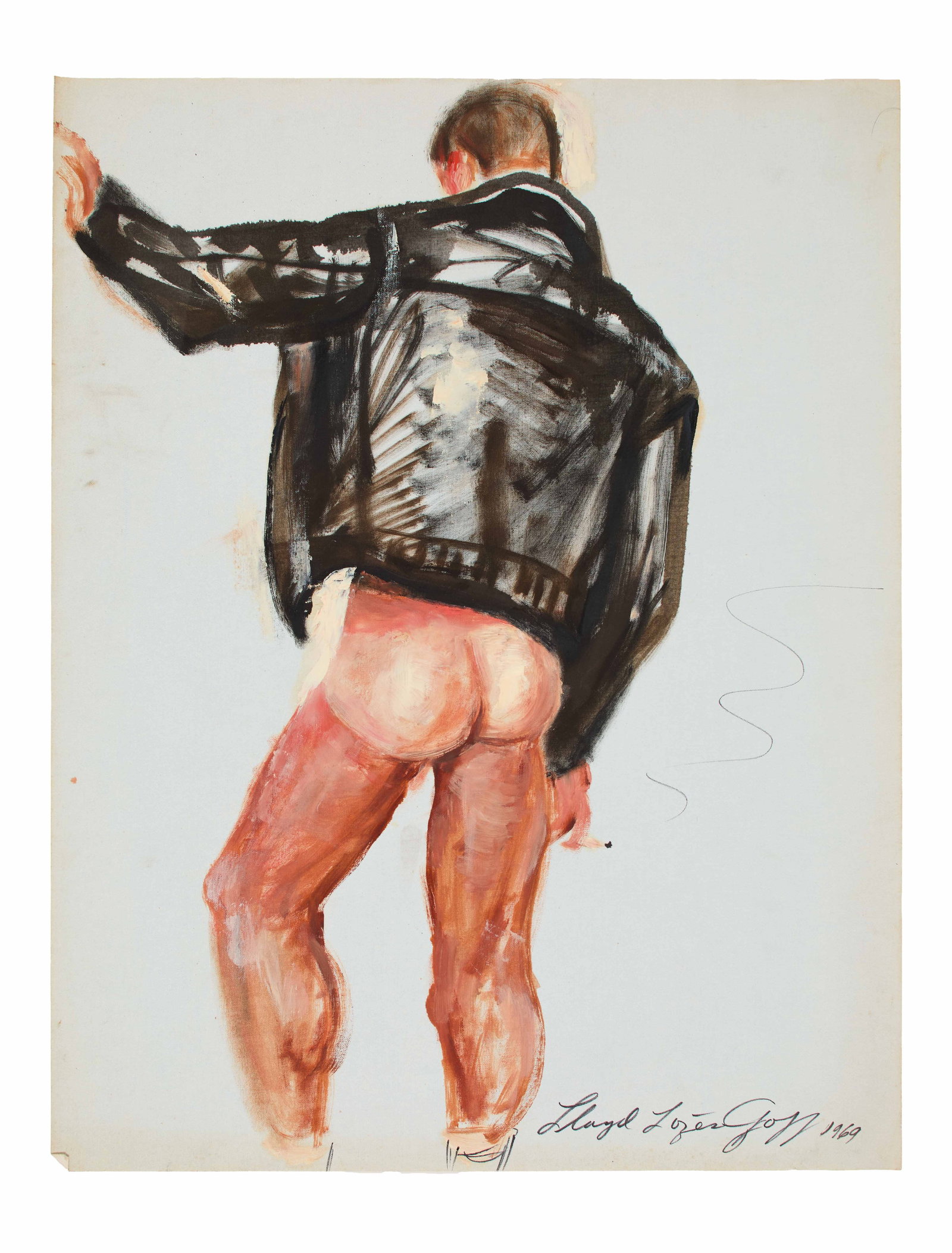 Lloyd Lozes Goff (American, 1917-1982): "Untitled (Leather Man with Bare Ass)." 1969. Oil on paper. Signed and dated by the artist with his full name (not "Lloyd Lozes Goff 1969" on the bottom right. 22 1/2 x 17 1/