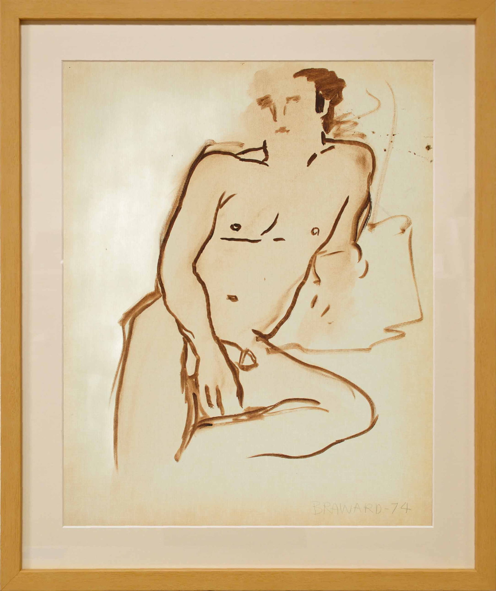 Joe Brainard (American, 1942-1994): "Untitled (Lounging Male Nude)." Oil on canvas paper. 1974. Signed and dated on the bottom right. 20 x 16".