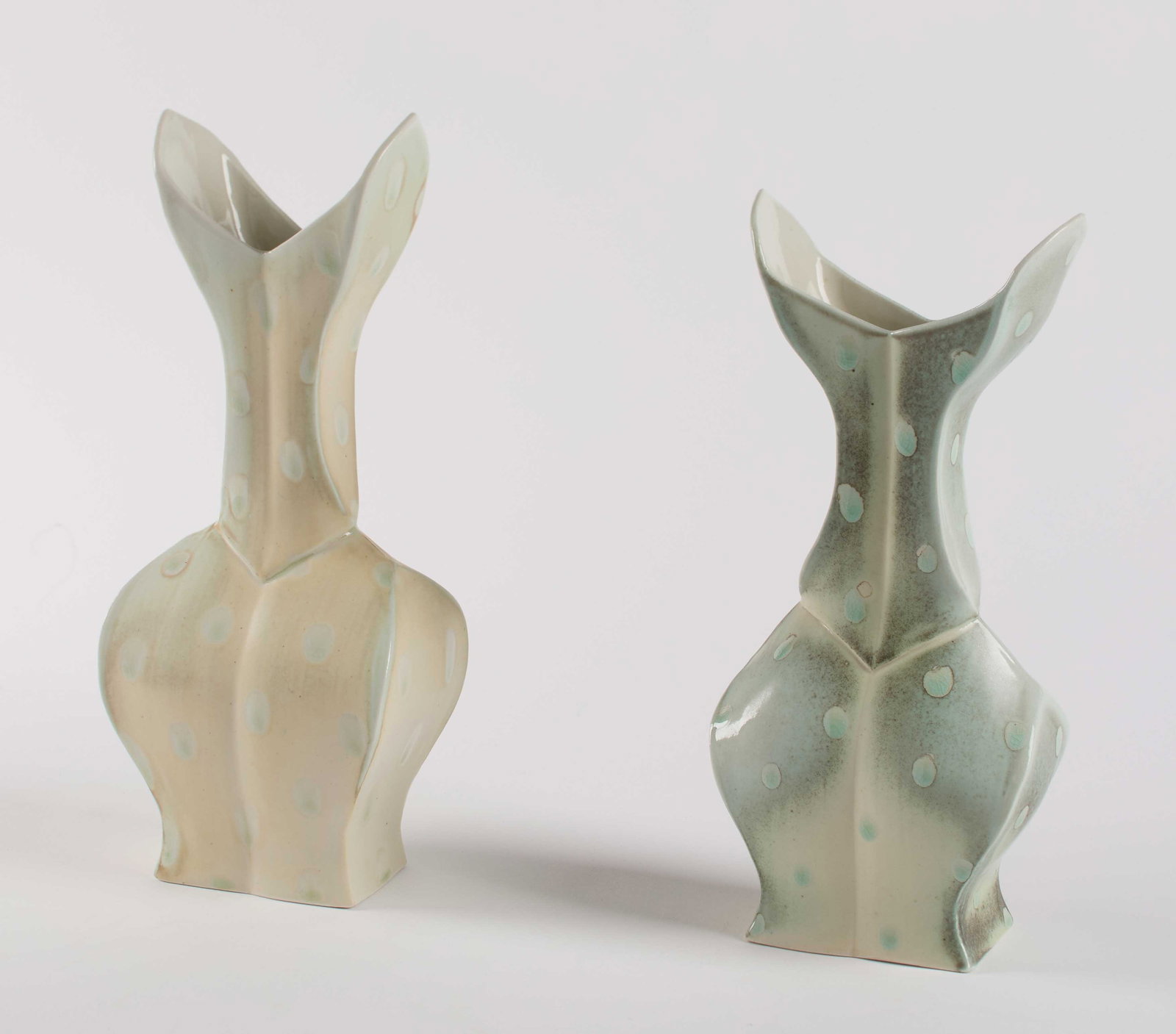 Sam Chung (American, b.1970): Two (2) slab-built art pottery vases. Each signed on the bottom. Various sizes, largest: 13 x 5 1/4 x 4". Provenance: a Rhode Island estate collection.