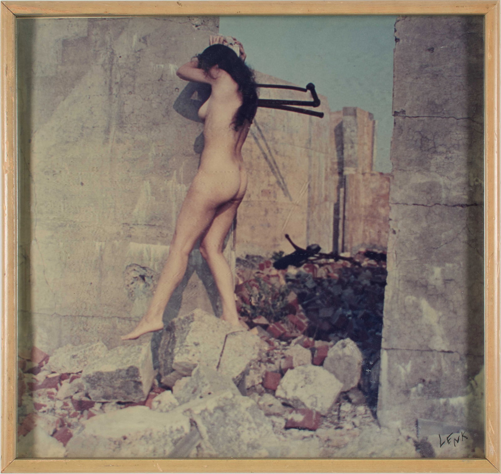 Art Photography (20th Century): Two (2) large color photographs, likely 1970s. One features a nude woman posing by a life-sized bronze sculpture shot from the side, and one features a nude woman posing in front of ruins of a buildin