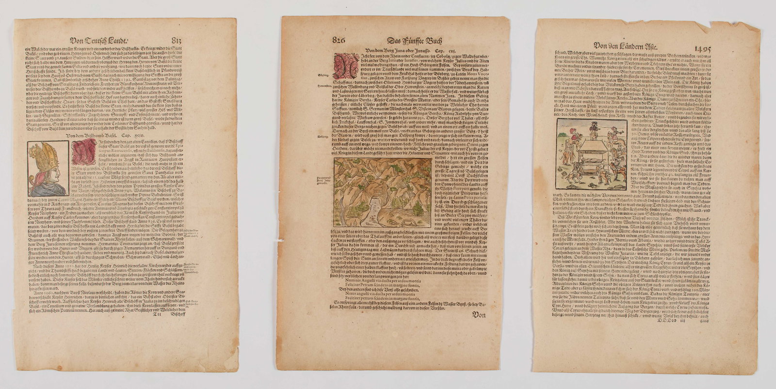 Sebastian Munster (1488–1552): Thirteen (13) illustrated pages from the 1614 Edition of "Cosmographia" published by Heinrich Petri. Printed on both sides. Contained within a portfolio. Each leaf measures 9 x 14 1/2"