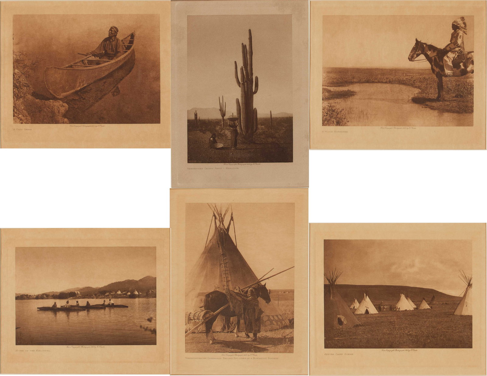 Edward S. Curtis (American, 1868-1952): A collection of six (6) photogravures. From "The Native American Indian." Includes the following titles: "A Cree Canoe," "Harvesting Cactus Fruit," "Home of the Kali