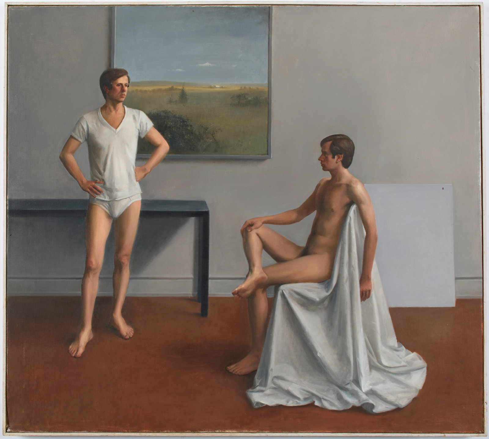 Raymond Han (American, 1931-2017): Untitled (Composite of the artist's partner, nude and clothed). Oil on canvas. A painting depicting the artist's partner, Paul Kellogg, both seated in the nude and standing clothed. 36 x 40 in (91.44