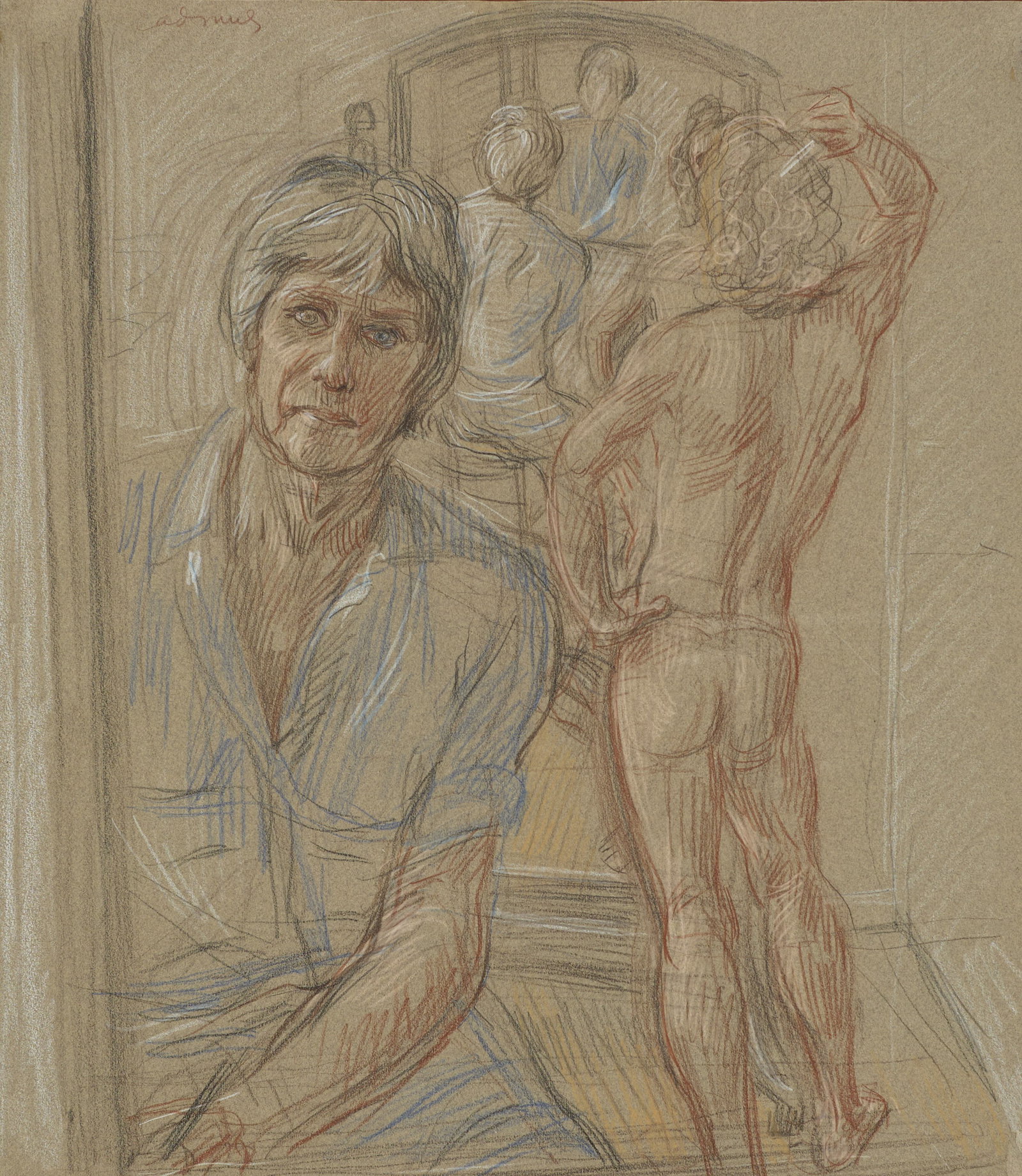 Paul Cadmus (American, 1904-1999): Self-Portrait with Model, Jon, 1972. Conte crayon on gray canson paper. Framed. Signed on the top left, "Cadmus"; Gallery and exhibition labels on the verso, see provenance section. Pa