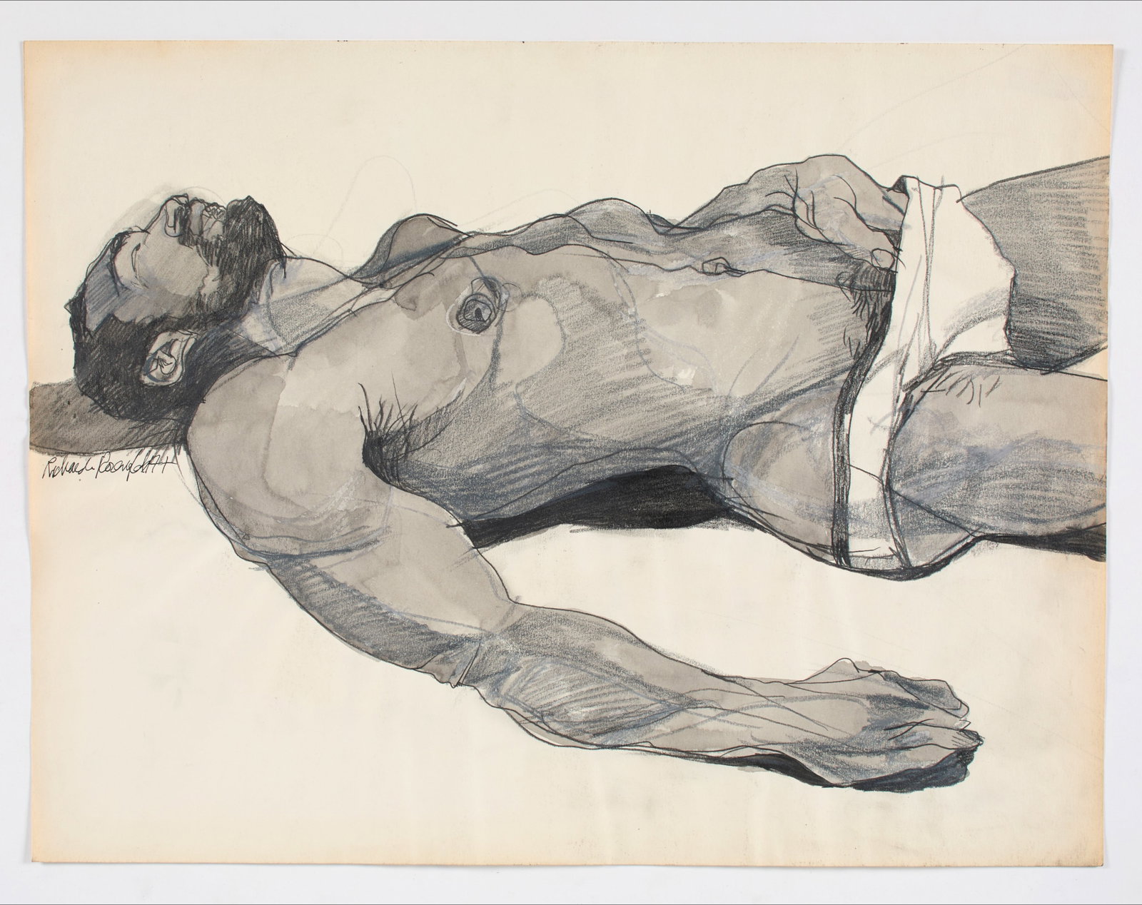 Richard Rosenfeld (American, 20th century): Untitled (Masturbation in Briefs), 1977. Mixed media drawing on paper. Signed on the center left, "Richard Rosenfeld 77". 17 3/4 x 23 1/2 in (45 x 59.7 cm). Provenance: Pr