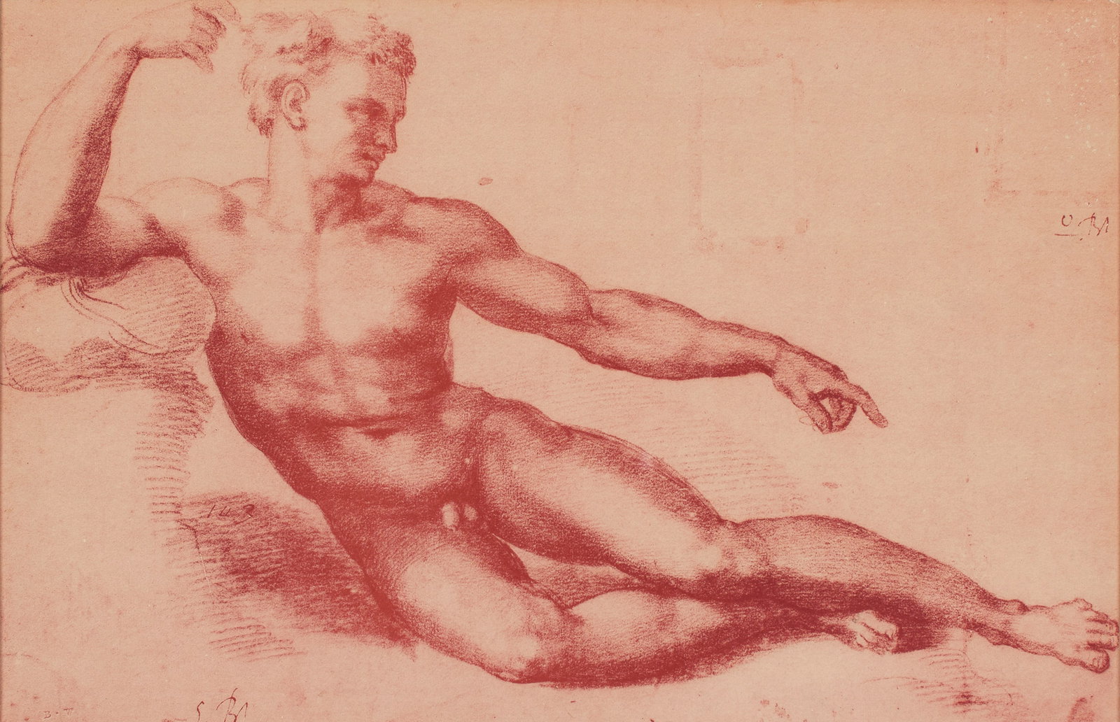 Baccio Bandinelli (Italian, 1493-1560): Untitled (Male Nude). Lithograph on paper. Original drawing executed in 1514. Sight: 9 x 14 in (22.5 x 35.1 cm) Framed: 17 1/4 x 22 1/4 in (43.8 x 56.1 cm) Provenance: Prop
