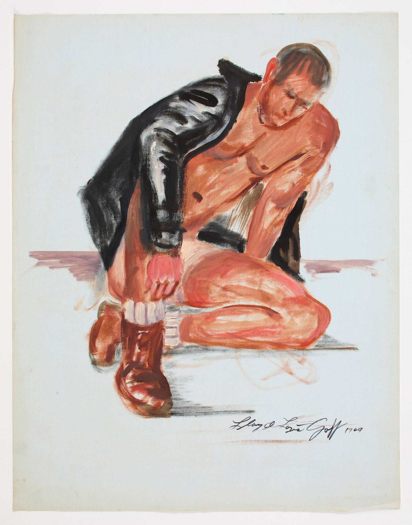 Lloyd Lozes Goff (American, 1917-1982): Untitled (Leather Man Undressing), 1969. Oil on paper. Signed and dated on the bottom right, "Lloyd Lozes Goff 1969". 22 1/2 x 17 1/2 in (57.2 x 44.5 cm). Notes: Lloyd Lozes Goff was born in Dallas,