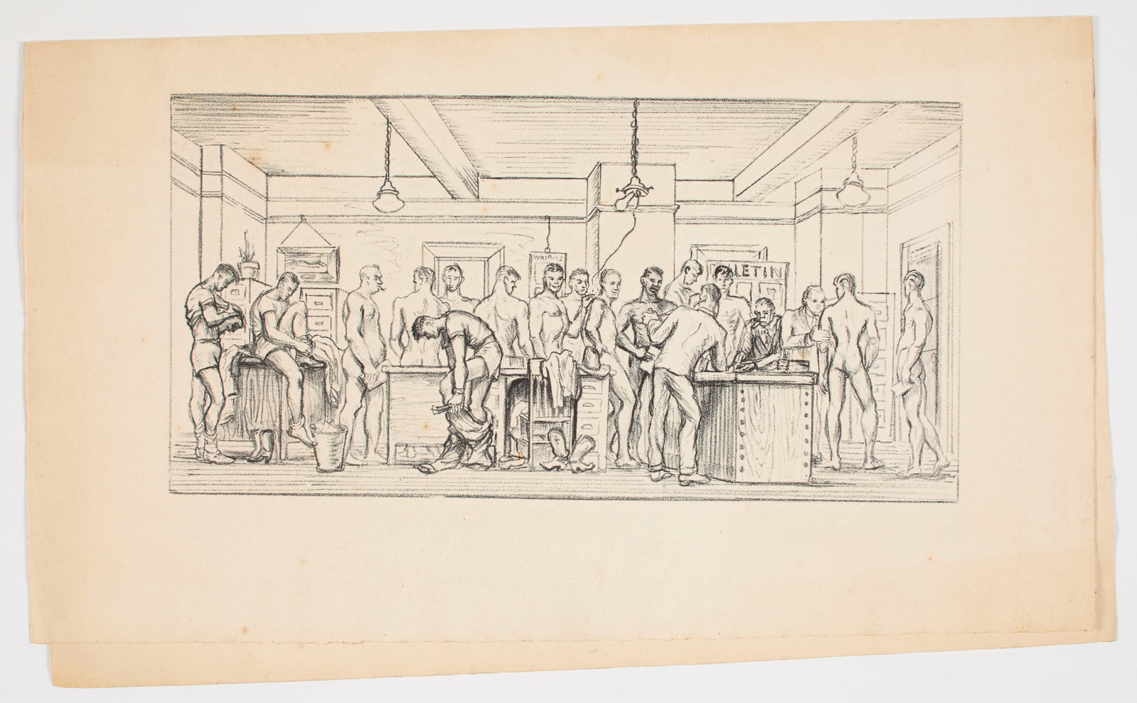 Lloyd Lozes Goff (American, 1917-1982): Untitled (Enlistment Scene), 1952. Graphite on paper. This drawing appears to be a study for a larger work, potentially a mural, and is on a folded sheet of artist's paper. On the verso, there is