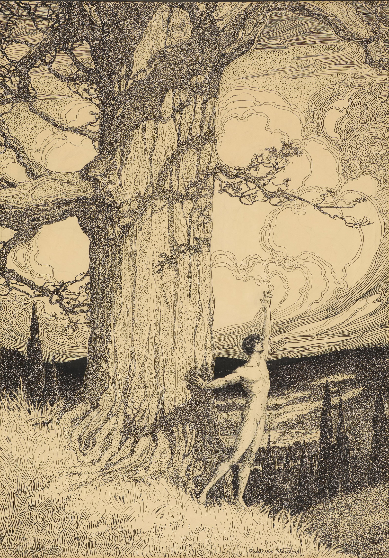 Beatrice Stevens (American, 1876-1947): Four Oaks IV - Allegro con brio, 1923. Pen, ink, and graphite on board. Framed. Illustration from "A Series of Drawings by Beatrice Stevens," published in Scribner's Magazine, vol. 73, no. 4,