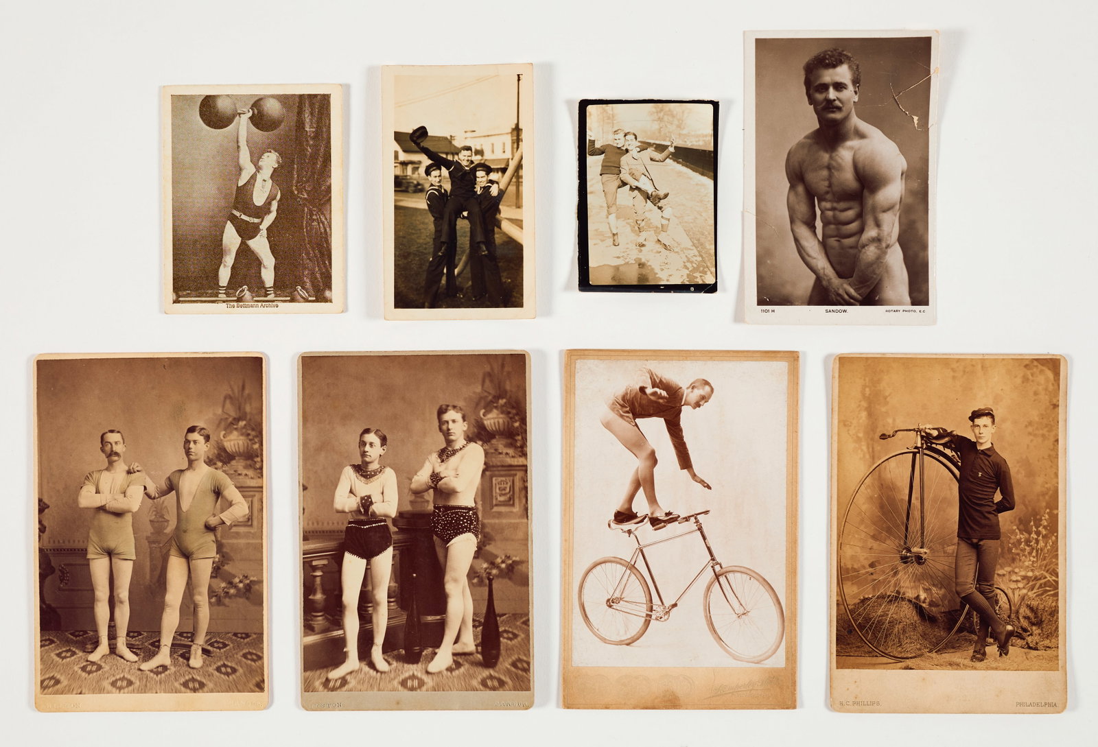 Collection of late 19th Century Photographs: Collection of late 19th Century Photography. Rare collection of late 19th Century photography featuring athletic models and affectionate men. Includes: i. Two (2) cyclists, Caleb Frederick Cope,
