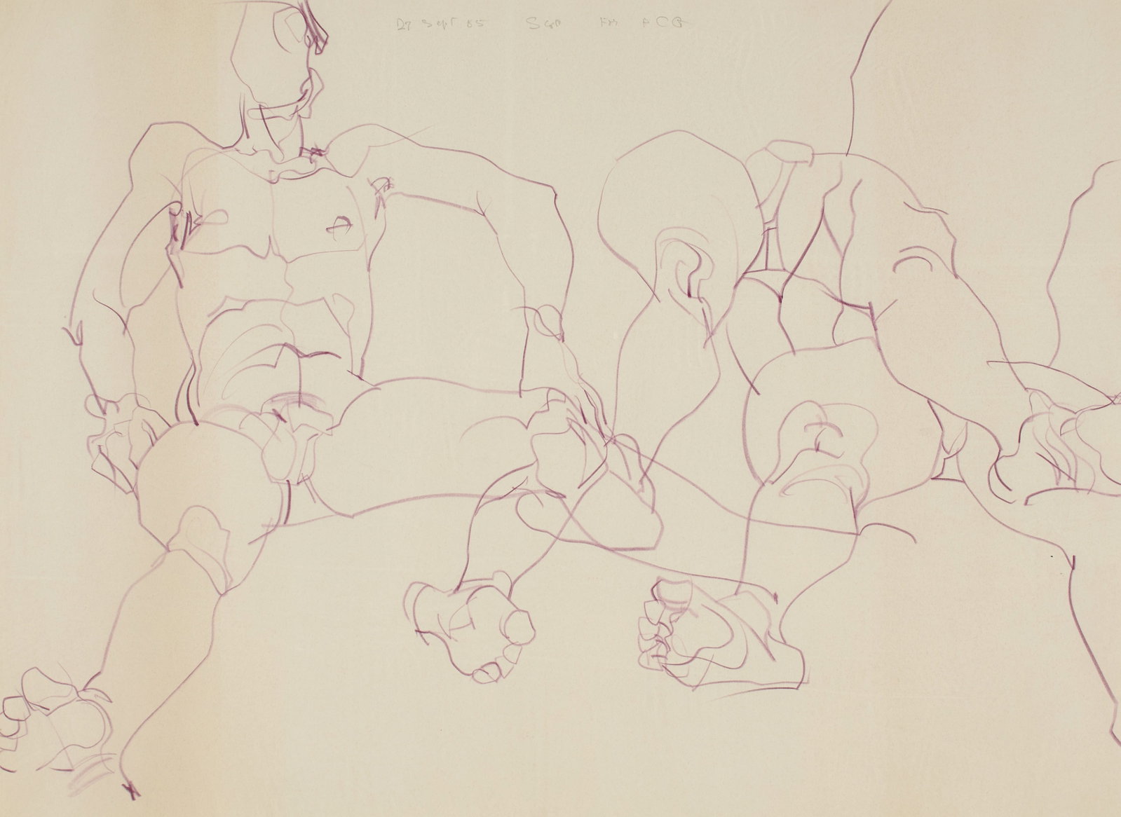 Laurence Herbert Scott (American, 1933-2005): Untitled (Composite Figures in Purple), 1985. Colored pencil on paper. Framed. Inscribed on the upper margin, "27 Sept 85; SGD for PCG". Sight: 19 x 22 in (48.3 x 55.8 cm) Framed: 35 x 26 1/4 in