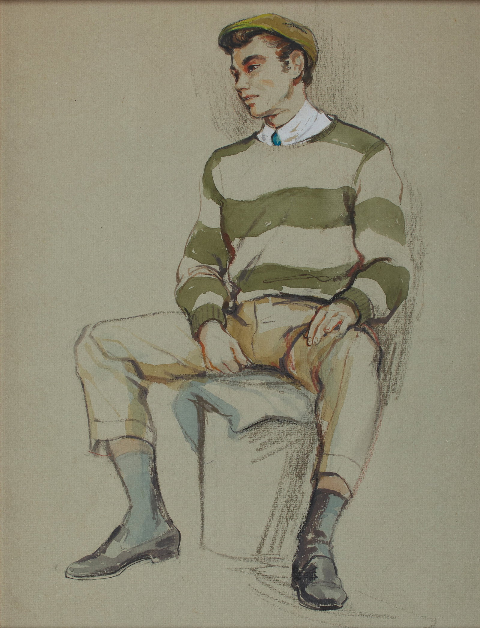 20th Century American Artist: Untitled (Young Man Showing-off his Package). Gouache and pencil on gray-toned paper. Framed. Sight: 15 1/2 x 11 1/2 in (39.3 x 29.2 cm) Framed: 18 3/4 x 14 3/4 