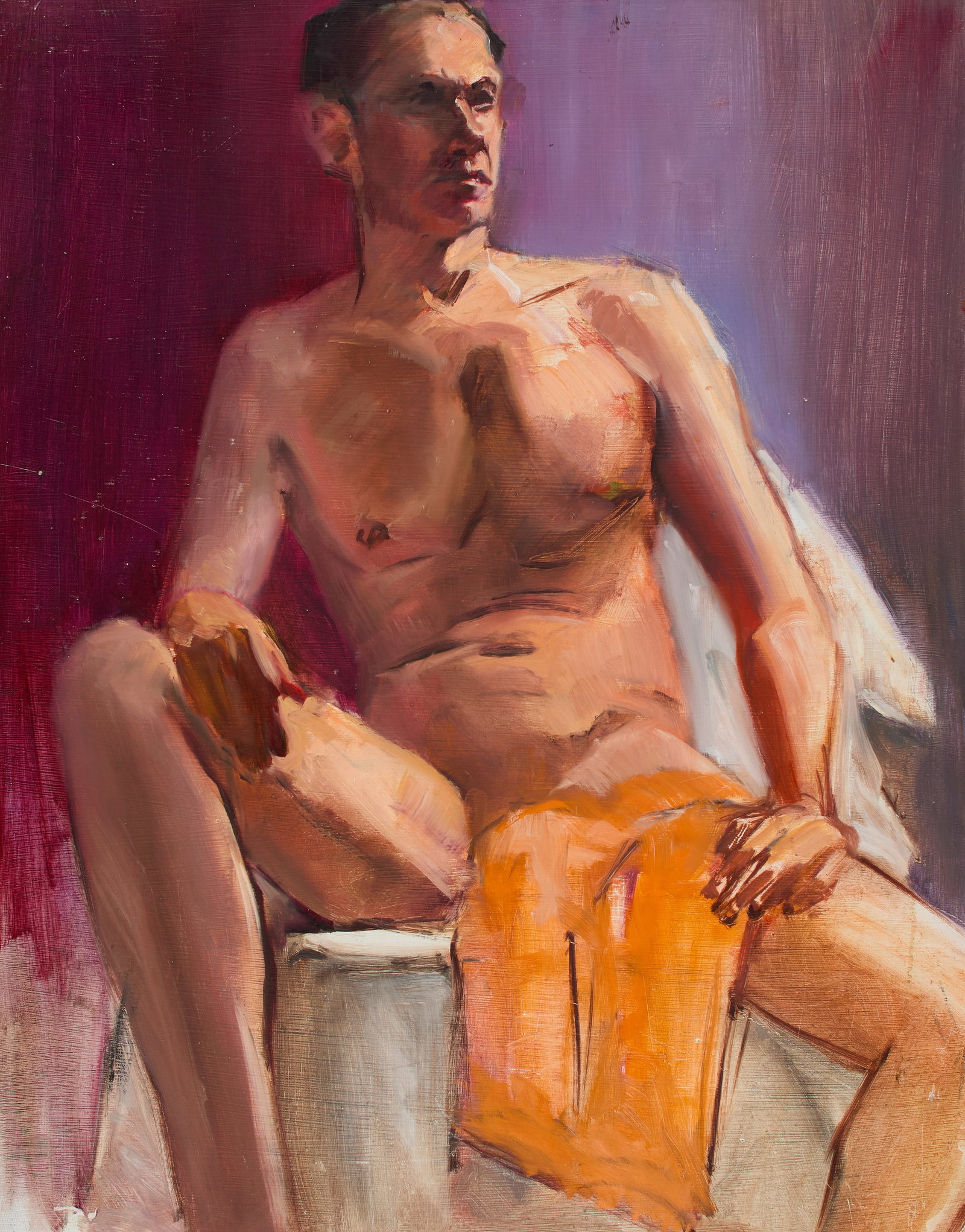 20th Century American Artist: Untitled (Male Nude). Oil on canvas. Sight: 27 1/4 x 21 1/2 in (69.6 x 54.4 cm). Framed: 30 1/2 x 24 3/4 in (77.6 x 62.5 cm). Provenance: Property of a Private Connecticut