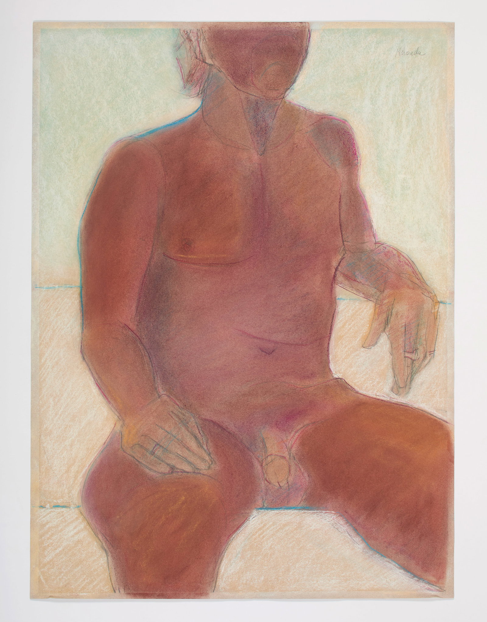 20th Century American Artist: Untitled (Thick Male Nude). Chalk pastel on paper. Signed on the top right, "Rhoads". 29 1/4 x 21 1/2 in (74.5 x 55.1 cm). Provenance: Property of a Private Massachusetts Collection.