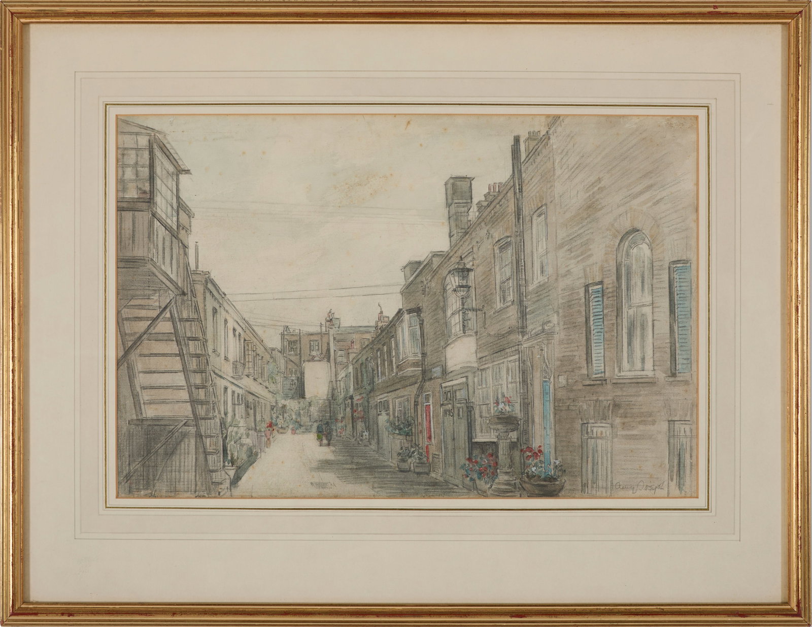 20th Century School "London Mews." Gouache and graphite on paper. Signed illegibly on the lower (1 of 3)