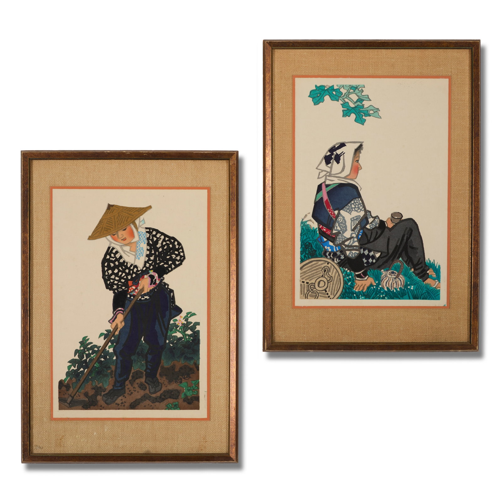 Kotozuka, Eiichi (Japanese, 1906-1982): Kotozuka, Eiichi (Japanese, 1906-1982) "Farmer in Kyoto" & "Resting Farmer in Kyoto." Two (2) woodblock prints. Uchida Art Co. label on the verso of one (1). Framed. Each 17 x 11 3/4" (sight); 23 x