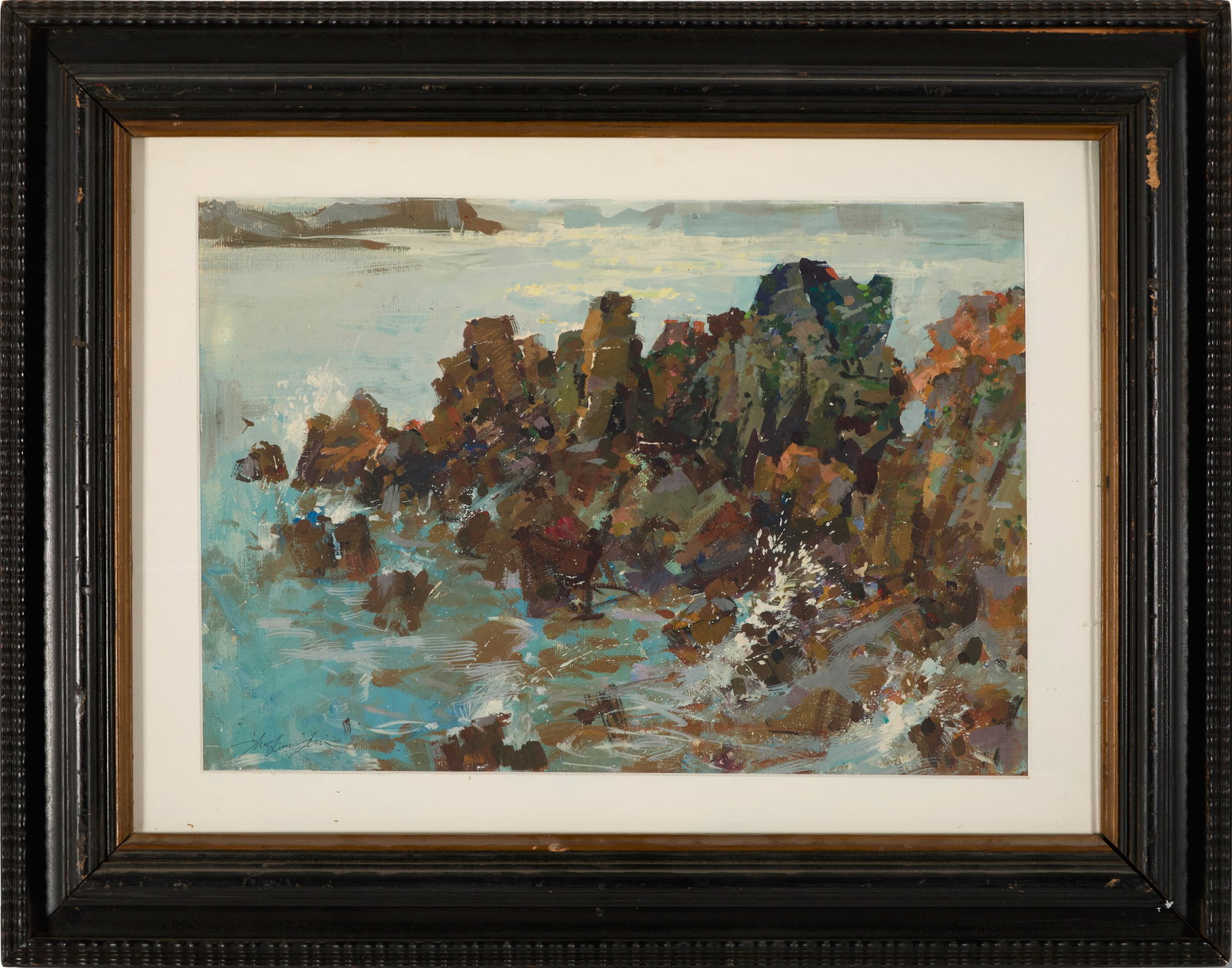 20th Century School Untitled (Waves Crashing on Rocks). Gouache on paper. Signed illegibly on the (1 of 3)