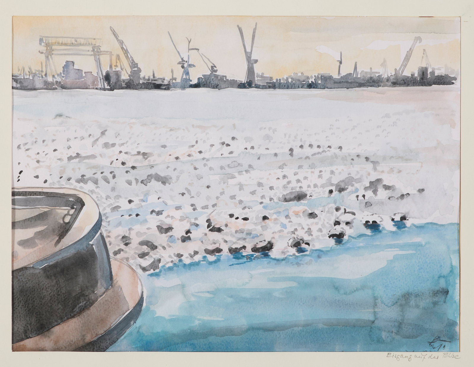 21st Century School "Eisgang auf des Elbe." Watercolor on paper. Signed illegibly on the lower (1 of 3)