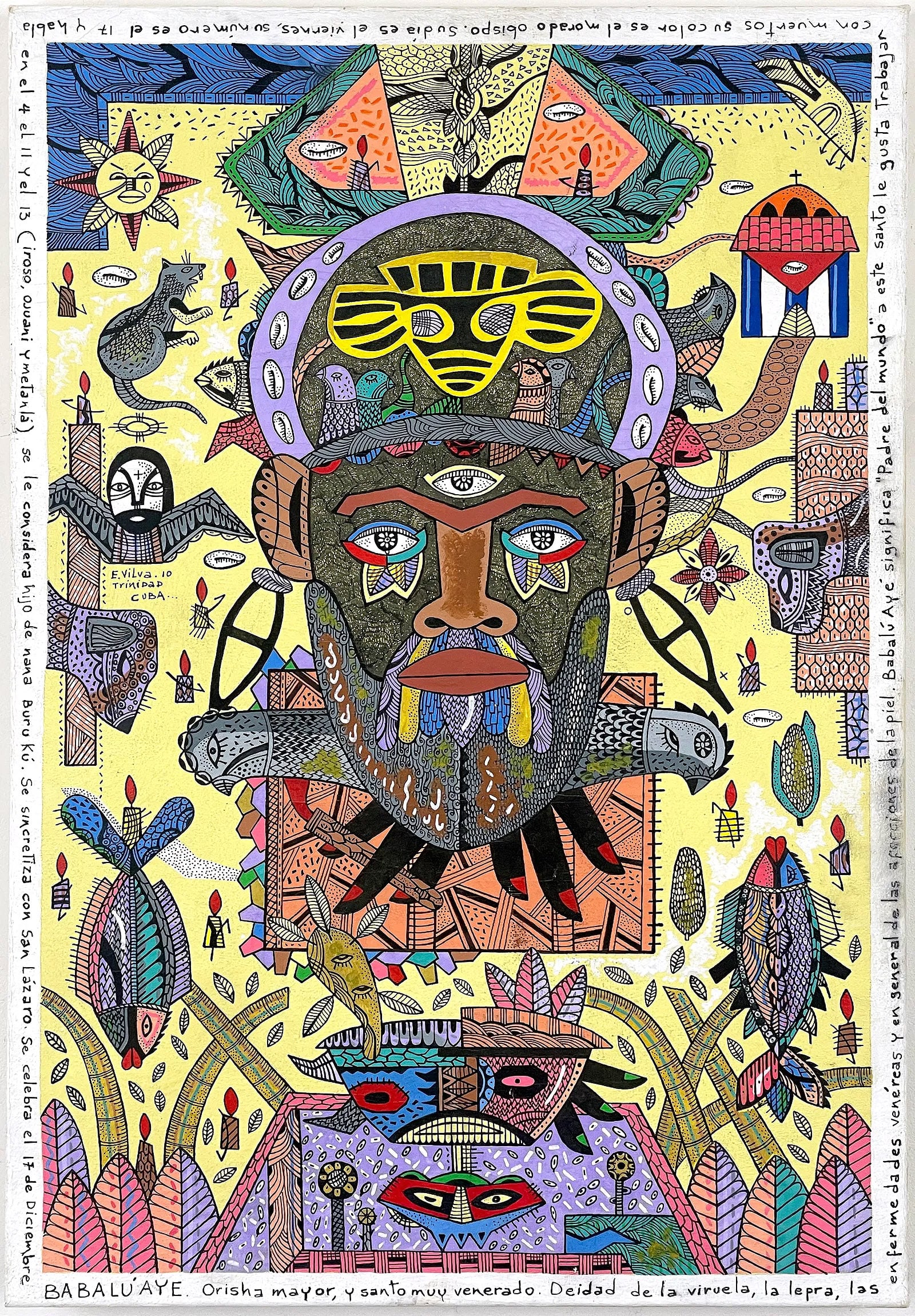 Elio Vilva Trujilo (Cuban, b. 1957): Elio Vilva Trujilo (Cuban, b. 1957) "Babalú-Aye", 2010. Ink and acrylic on canvas. Signed and dated within work on the center left. 23 1/2 x 16". Provenance: property of a Rhode Island collection.