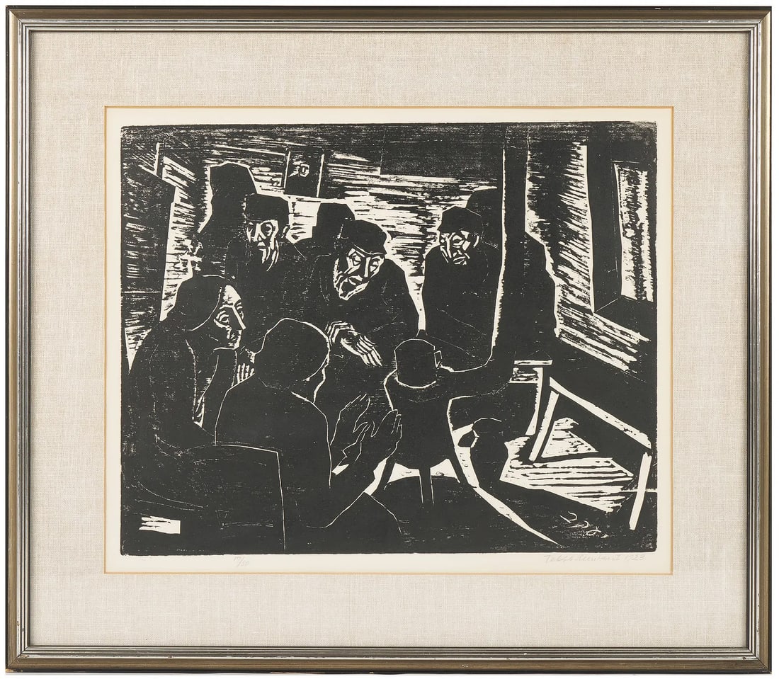 Jakob Steinhardt (German/Israeli, 1887-1968) "Gathering Around the Stove", 1923. Woodcut print. (1 of 2)