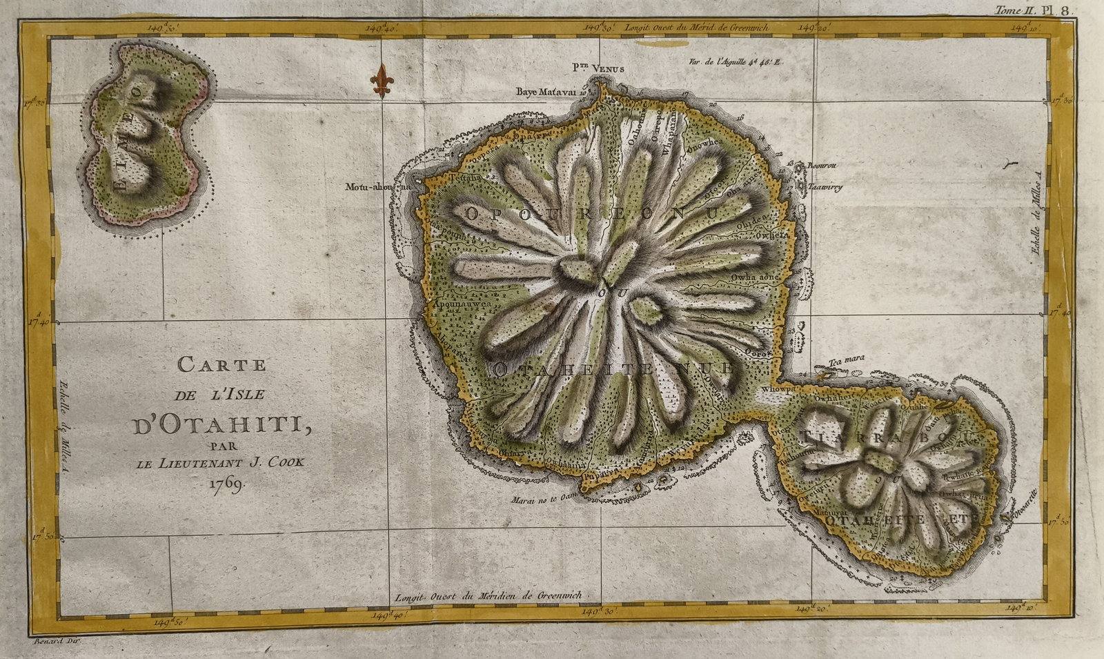 Map of Tahiti, 1780s. A hand colored map of Tahiti on chain link paper from an unidentified 19th (1 of 5)