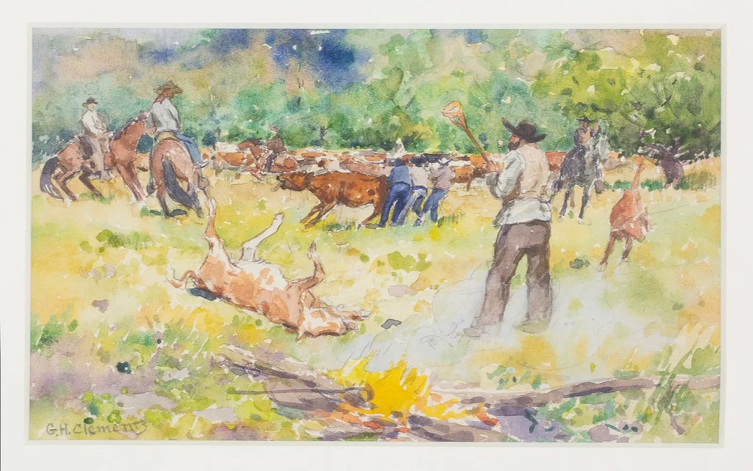George Henry Clements (American, 1854-1935) Untitled (Depiction of cattle herding). Watercolor on (1 of 3)