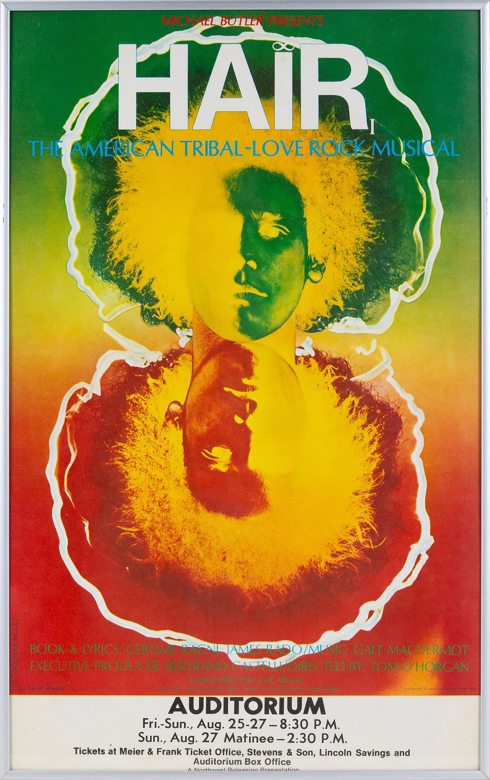 Vintage 'Hair' Poster. Period touring poster for 'Hair: The American Tribal Love Rock Musical'.: Vintage 'Hair' Poster. Period touring poster for 'Hair: The American Tribal Love Rock Musical'. Design by Ruspoli-Rodriguez. Framed. 14 x 22"(sight); 14 1/4 x 22 1/4"(overall). Provenance: property of
