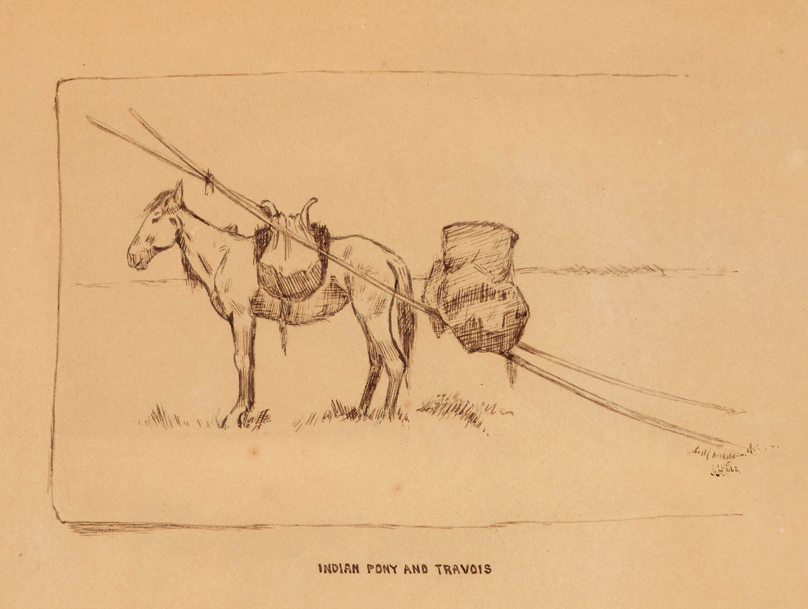 John Jacob Henry Kulz (American, b.1882): John Jacob Henry Kulz (American, b.1882) "Indian Pony and Travois." Pen and ink on paper. Titled lower center. Signed within image on the lower right. Framed. 6 3/4 x 9"(sight); 12 x 14 x