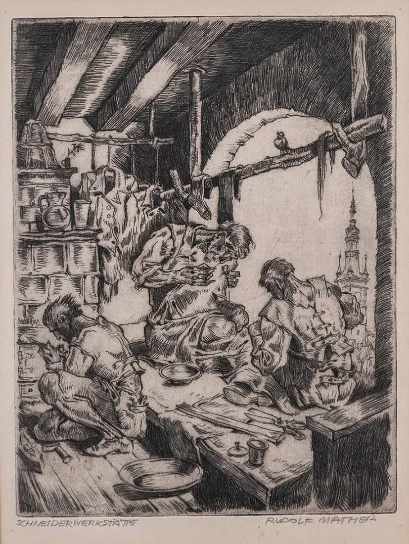 Rudolf Mather (Czech, 1891-1975) "Schneiderwerkstatte." Etching. Signed in pencil on the lower (1 of 2)