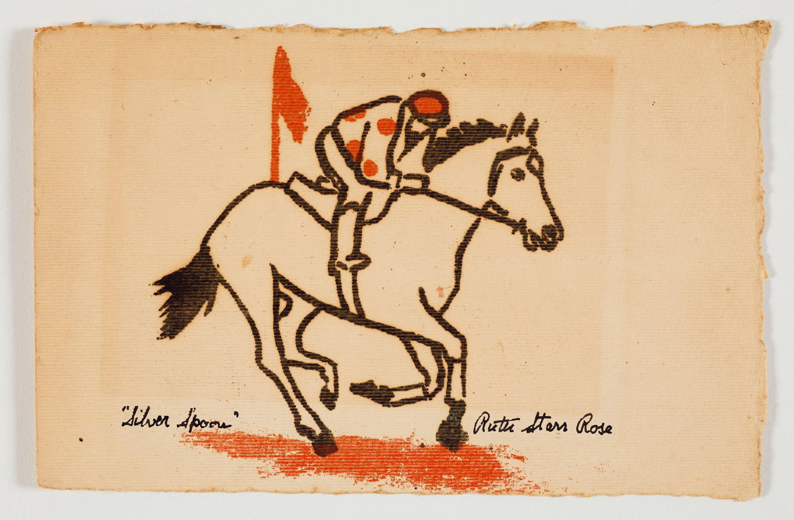 Ruth Starr Rose (American, 1887-1965): Ruth Starr Rose (American, 1887-1965) "Silver Spoon." Ink and oil on handmade textured paper. This piece depicts the famed horse "Silver Spoon" in motion with mounted jockey. Titled on the lower