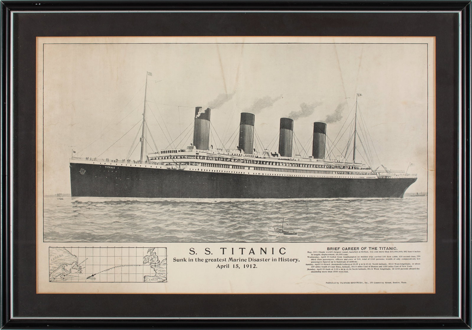 Titanic Lithographic Poster, 1912. Lithographic poster. Tichnor brothers. A rare depiction of the (1 of 1)
